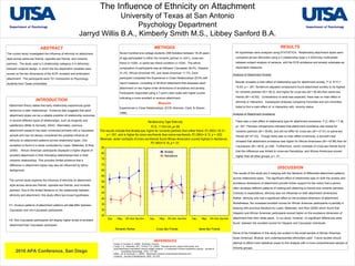 The Influence of Ethnicity on Attachment University of Texas at San Antonio Psychology Department Jarryd Willis B.A., Kimberly Smith M.S., Libbey Sanford B.A. ABSTRACT The current study investigated the influence of ethnicity on attachment style across same-sex friends, opposite-sex friends, and romantic partners.. The study used a 3 (relationship category) X 4 (ethnicity) between subjects design, in which the two dependent variables were scores on the two dimensions of the ECR: avoidant and ambivalent attachment.  The participants were 701 Introduction to Psychology students from Texas universities. INTRODUCTION Attachment theory states that early relationship experiences guide behaviors in later relationships.  Evidence also suggests that adult attachment styles can be a reliable predictor of relationship outcomes in several different types of relationships, such as longevity and satisfaction (Miller & Horowitz, 2004).  Alternately, previous attachment research has been conducted primarily with a Caucasian sample and has not always considered the possible influence of ethnicity on attachment patterns across relationship types. One exception is found in a study conducted by Lopez, Melendez, & Rice (2000) .  African American participants displayed a higher degree of avoidant attachment in their friendship relationships than in their romantic relationships. This provides limited evidence that a difference in attachment styles may also be influenced by ethnic background.         The current study explores the influence of ethnicity on attachment style across same-sex friends, opposite-sex friends, and romantic partners. Due to the limited literature on the relationship between ethnicity and attachment, this study offers two broad hypotheses:       H1: Anxious patterns of attachment patterns will  not  differ between Caucasian and non-Caucasian participants       H2: Non-Caucasian participants will display higher levels of avoidant attachment than Caucasian participant METHODS Seven-hundred one college students (396 females) between 18-25 years of age participated in either the romantic partner (n =241), cross-sex friend (n =226), or same-sex friend condition (n =234).  The ethnic composition of participants was as followed: Caucasian 38.4%, Hispanic 31.2%, African-American 8%, and Asian-American 11.7%. Each participant completed the Experience in Close Relationships (ECR) self-report measure, consisting of 36-short statements that assesses adult attachment on two higher-order dimensions of avoidance and anxiety.  Participants responded using a 7-point Likert scale with higher scores indicating a more avoidant or anxious attachment. Measures Experiences in Close Relationships  (ECR; Brennan, Clark, & Shaver, 1998)  RESULTS All hypotheses were analyzed using STATISTICA.  Relationship attachment styles were compared across ethnicities using a  3 (relationship type) x 4 (Ethnicity) multivariate between-subject analysis of variance, with the ECR avoidance and anxiety subscales as dependent measures.   Analysis of Attachment Anxiety Results revealed a main effect of relationship type for attachment anxiety,  F  (2, 617) = 19.83,  p  < .001. Bonferroni adjusted comparisons found attachment anxiety to be highest for romantic partners ( M  = 58.3), and higher for cross-sex ( M  = 50.84) than same-sex friends ( M  = 42.62).  Contradictory to what was expected, there was no main effect of ethnicity or interaction.  Subsequent analyses comparing minorities and non-minorities failed to find a main effect of, or interaction with, minority status. Analysis of Attachment Avoidance There was a main effect of relationship type for attachment avoidance,  F  (2, 583) = 7.36,  p < .001. Pairwise comparisons indicated that attachment avoidance was lowest for romantic partners ( M  = 39.95), and did not differ for cross-sex ( M  = 47.51) or same-sex friends ( M  =47.23).  Though there was no main effect of ethnicity, a dunnett’s test revealed that attachment avoidance was higher for African-Americans ( M  = 43.96) than for Caucasians ( M  = 49.6),  p =.046.  Furthermore, vector contrasts of cross-sex friends found that this difference was limited to cross-sex friendships, and African-Americans scored higher than all other groups,  p  = .01.  DISCUSSION The results of this study are in keeping with the literature of differential attachment patterns across relationship types.  The significant effect of relationship type on both the anxiety and avoidance dimensions of attachment provide further support for the notion that a person often develops different patterns of relating and attaching to friends and romantic partners.  Contrary to expectations, ethnicity was not influential on both attachment dimensions.  Rather, ethnicity only had a significant effect on the avoidant dimension of attachment.  Nonetheless, the increased avoidant scores for African American participants is partially in keeping with previous literature by Lopez, Melendez, and Rice (2000) which found that Hispanic and African American participants scored higher on the avoidance dimension of attachment than their white peers.  In our study, however, no significant differences were found  between the avoidant scores for Hispanic and Caucasian individuals  Some of the limitations in this study are evident in the small sample of African American, Asian-American, Biracial, and underrepresented ethnicities used.  Future studies should attempt to afford more statistical power to this analysis with a more comprehensive sample of minority groups.  REFERENCES Amato, P, & Eade, R. (2009).  [Podcast]  Divorce. Lopez, F.G., Melendez, M.C., & Rice, K.G. (2000).  Parental divorce, parent-child bonds, and  adult attachment orientations among college students:  A comparison of three racial/ethnic groups.  Journal of Counseling Psychology, 47 (2), 177-186. Miller, J.B. & Hoicowitz, T. (2004).  Attachment contexts of adolescent friendship and  romance .  Journal of Adolescence, 22 (6), 191-207. Department of Psychology Department of Psychology 2010 APA Conference, San Diego 