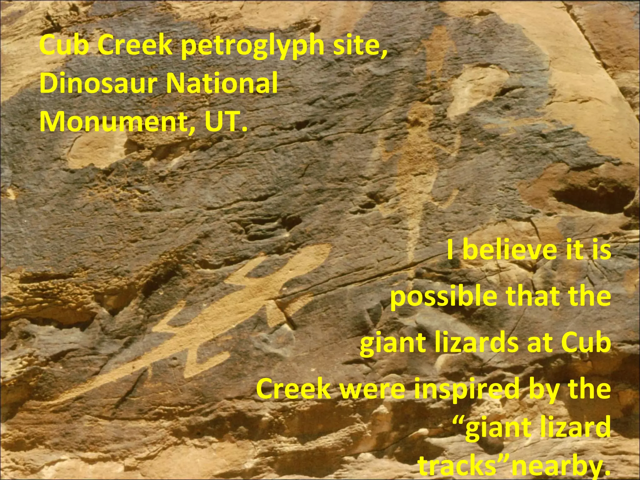 Cub Creek petroglyph site,
Dinosaur National
Monument, UT.
I believe it is
possible that the
giant lizards at Cub
Creek were inspired by the
“giant lizard
tracks”nearby.
 