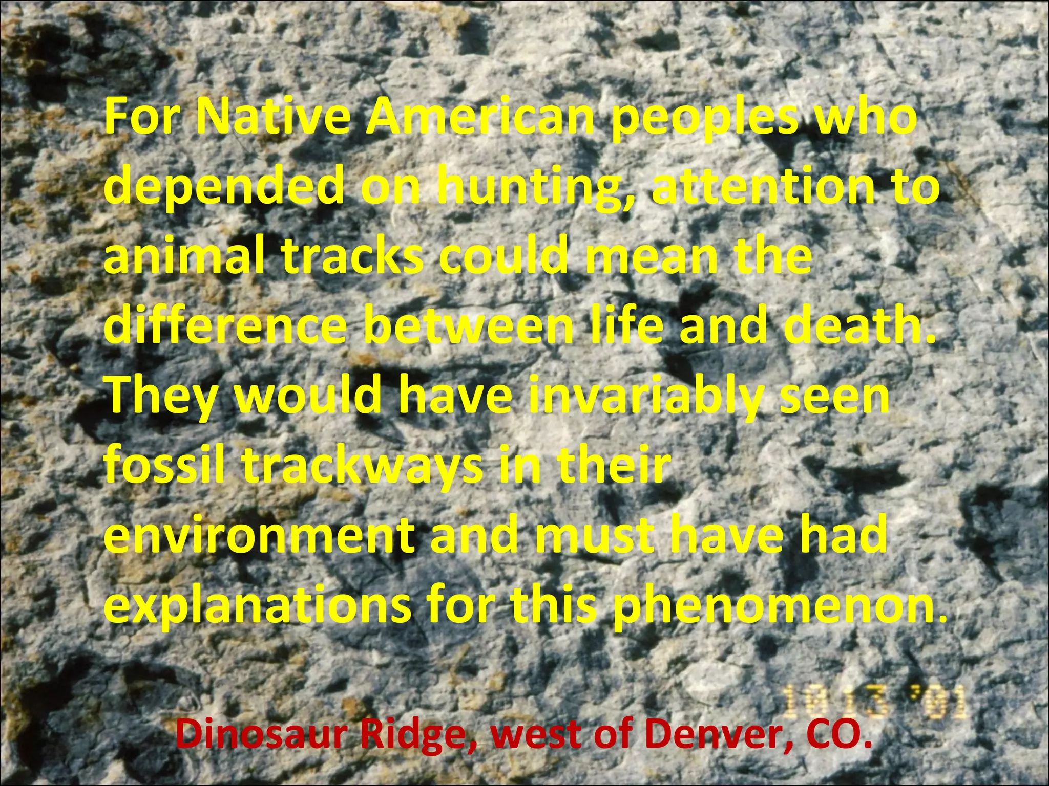 Dinosaur Ridge, west of Denver, CO.
For Native American peoples who
depended on hunting, attention to
animal tracks could mean the
difference between life and death.
They would have invariably seen
fossil trackways in their
environment and must have had
explanations for this phenomenon.
 