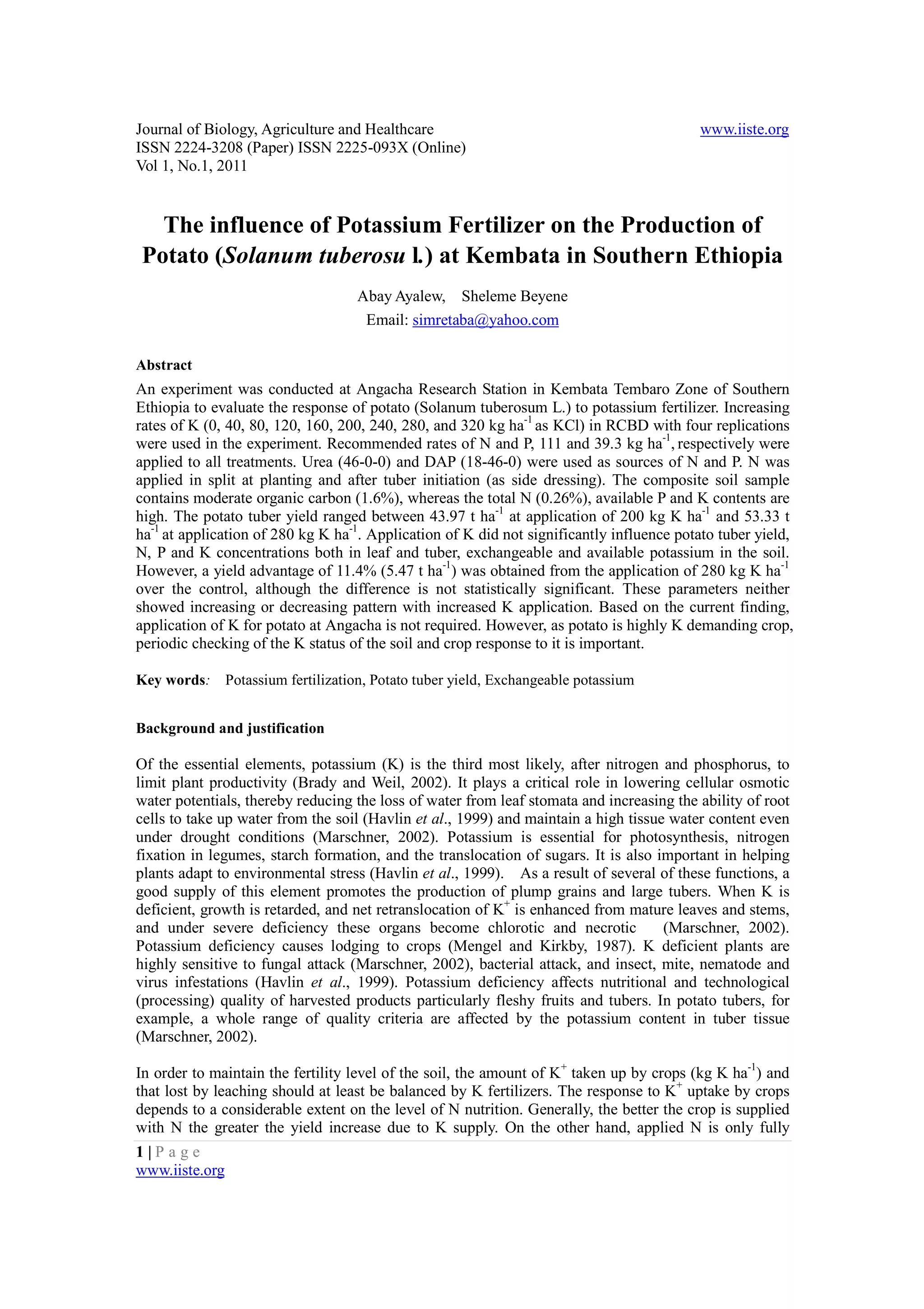 The influence of potassium fertilizer on the production of potato