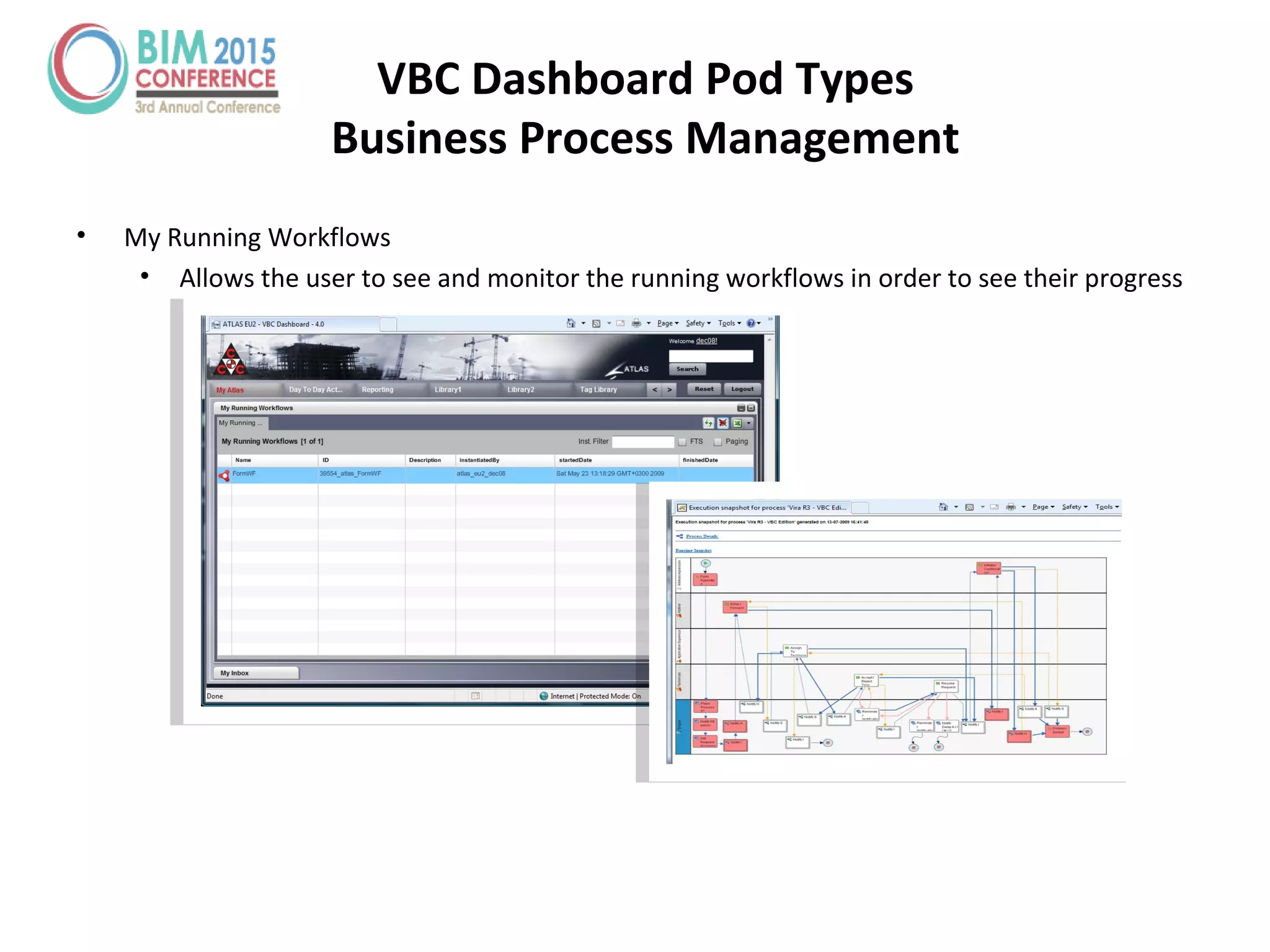 VBC Dashboard Pod Types
Business Process Management
• My Running Workflows
• Allows the user to see and monitor the running workflows in order to see their progress
 