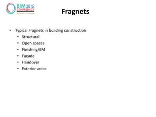 • Typical Fragnets in building construction
• Structural
• Open spaces
• Finishing/EM
• Façade
• Handover
• Exterior areas
Fragnets
 