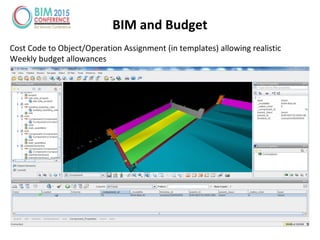 BIM and Budget
Cost Code to Object/Operation Assignment (in templates) allowing realistic
Weekly budget allowances
 