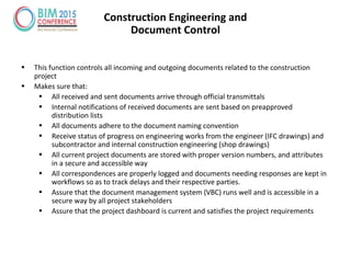 Construction Engineering and
Document Control
• This function controls all incoming and outgoing documents related to the construction
project
• Makes sure that:
• All received and sent documents arrive through official transmittals
• Internal notifications of received documents are sent based on preapproved
distribution lists
• All documents adhere to the document naming convention
• Receive status of progress on engineering works from the engineer (IFC drawings) and
subcontractor and internal construction engineering (shop drawings)
• All current project documents are stored with proper version numbers, and attributes
in a secure and accessible way
• All correspondences are properly logged and documents needing responses are kept in
workflows so as to track delays and their respective parties.
• Assure that the document management system (VBC) runs well and is accessible in a
secure way by all project stakeholders
• Assure that the project dashboard is current and satisfies the project requirements
 
