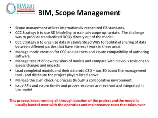 • Scope management utilizes internationally recognized QS standards.
• CCC Strategy is to use 3D Modeling to maintain scope up-to-date. The challenge
was to produce standardized BOQs directly out of the model
• CCC Strategy is to organize data in standardized WBS to facilitated sharing of data
between different parties that have interest / work in these areas
• Manage model creation for CCC and partners and assure compatibility of authoring
software
• Manage receipt of new revisions of models and compare with previous revisions to
assess changes and impacts
• Load completed models and their data into C3D – our 3D based Site management
tool - and distribute the project players listed above.
• Manage the clash checking process through a collaborative environment.
• Issue RFIs and assure timely and proper response are received and integrated in
the model
This process keeps running all through duration of the project and the model is
usually handed over with the operation and maintenance team that takes over
BIM, Scope Management
 
