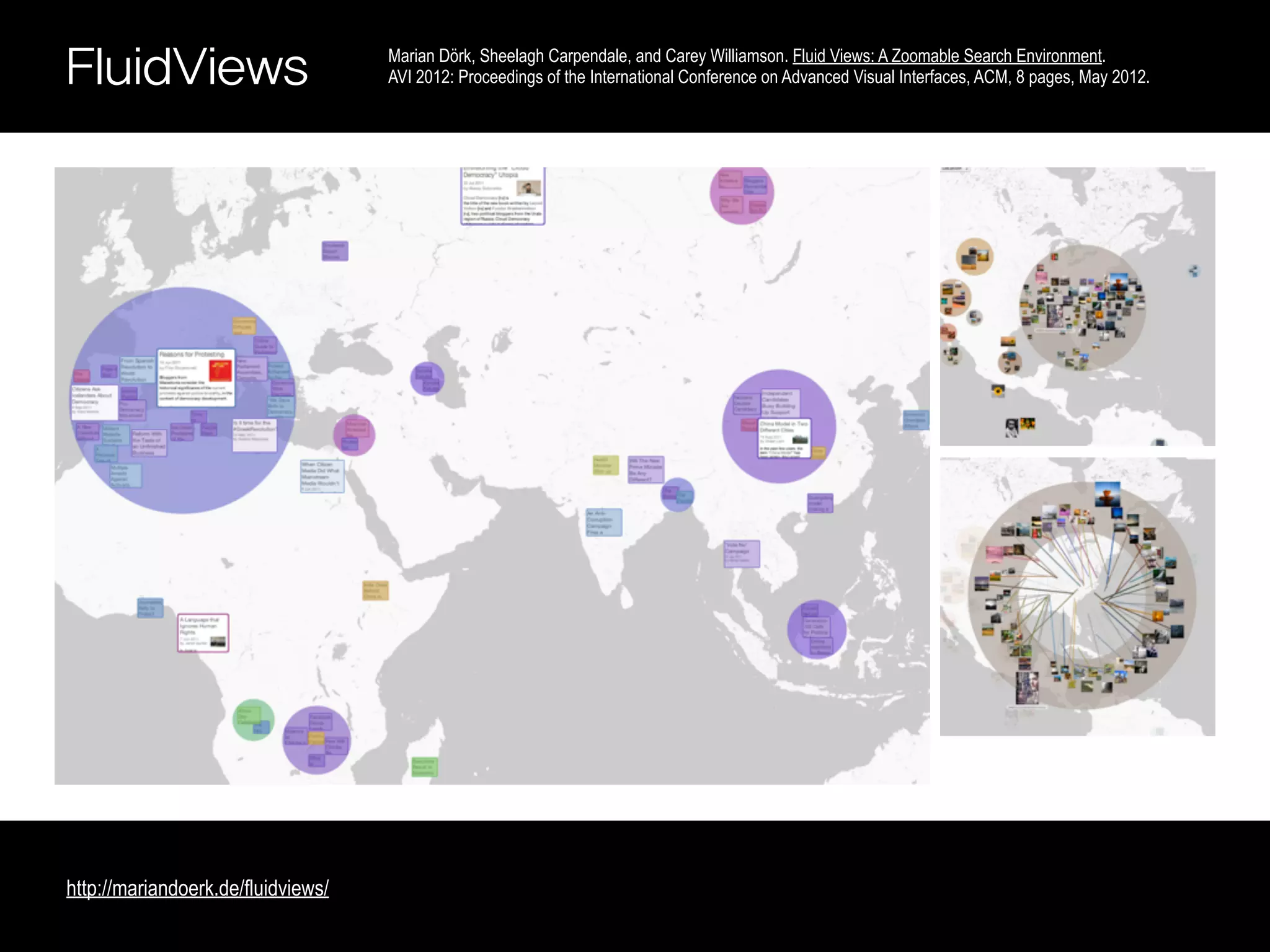 FluidViews                          Marian Dörk, Sheelagh Carpendale, and Carey Williamson. Fluid Views: A Zoomable Search Environment.
                                    AVI 2012: Proceedings of the International Conference on Advanced Visual Interfaces, ACM, 8 pages, May 2012.




http://mariandoerk.de/fluidviews/
 