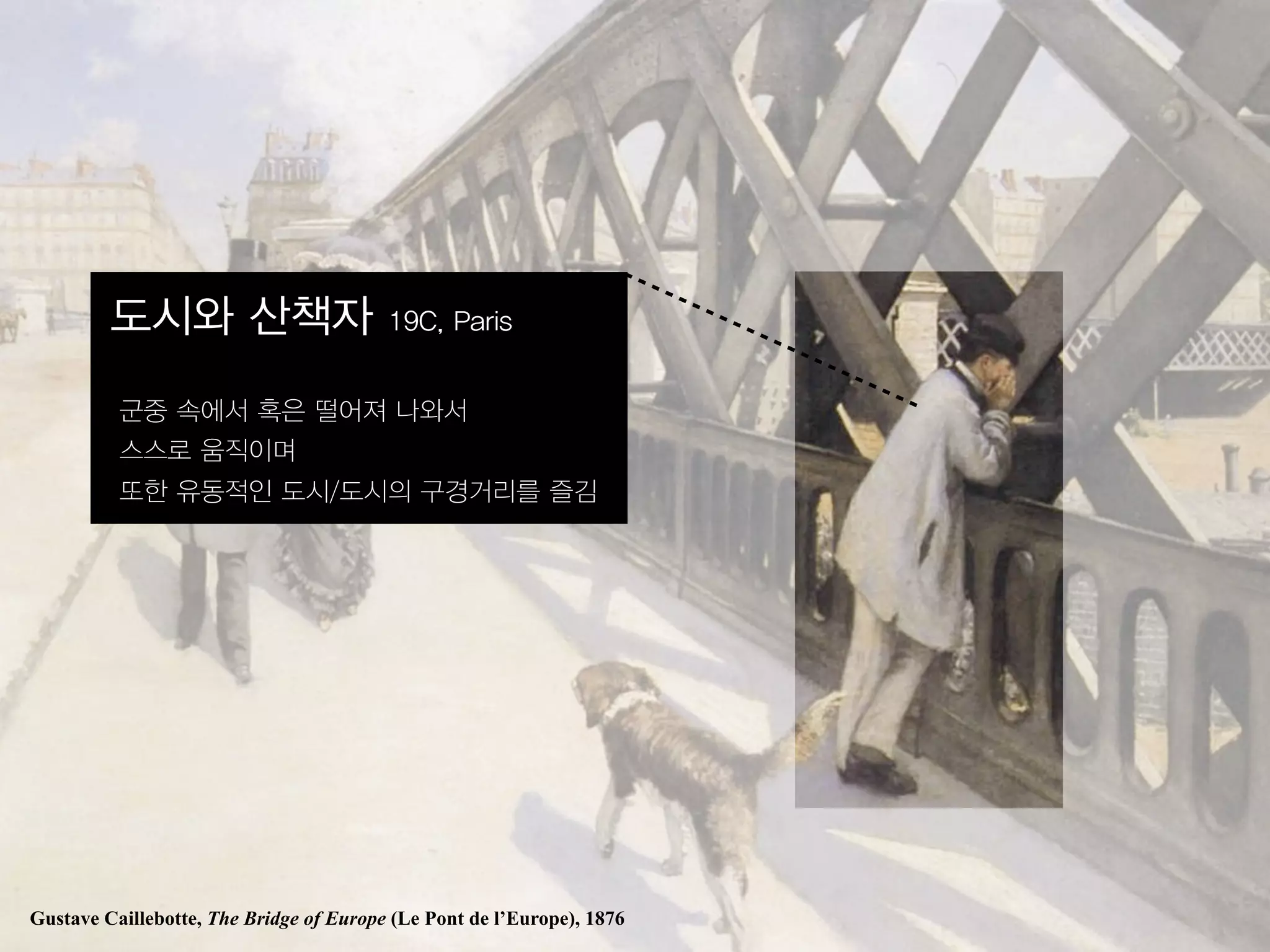 도시와 산책자                         19C, Paris


          군중 속에서 혹은 떨어져 나와서
          스스로 움직이며
          또한 유동적인 도시/도시의 구경거리를 즐김




Gustave Caillebotte, The Bridge of Europe (Le Pont de l’Europe), 1876
 