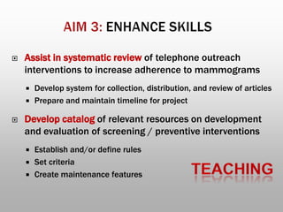  Assist in systematic review of telephone outreach
interventions to increase adherence to mammograms
 Develop system for collection, distribution, and review of articles
 Prepare and maintain timeline for project
 Develop catalog of relevant resources on development
and evaluation of screening / preventive interventions
 Establish and/or define rules
 Set criteria
 Create maintenance features
 