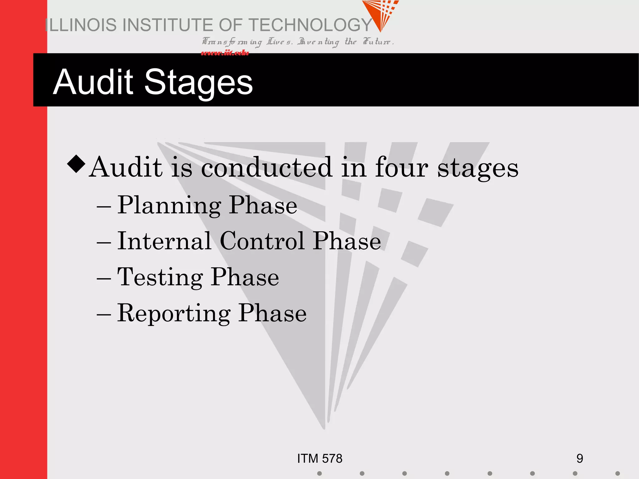 Transfo rm ing Live s. Inve nting the Future .
www.iit.edu
ITM 578 9
ILLINOIS INSTITUTE OF TECHNOLOGY
Audit Stages
Audit is conducted in four stages
– Planning Phase
– Internal Control Phase
– Testing Phase
– Reporting Phase
 