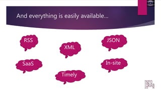 And everything is easily available… 
RSS 
XML 
JSON 
SaaS 
Timely 
In-site 
 