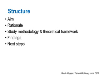 Structure
• Aim
• Rationale
• Study methodology & theoretical framework
• Findings
• Next steps
Sheila Webber / Pamela McK...