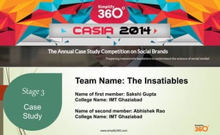www.simplify360.com 
Stage 3 
Case 
Study 
Team Name: The Insatiables 
Name of first member: Sakshi Gupta 
College Name: IMT Ghaziabad 
Name of second member: Abhishek Rao 
College Name: IMT Ghaziabad 
 