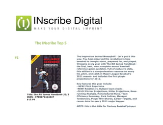 The INscribe Top 5


                                           The inspiration behind Moneyball? Let’s put it this
#1                                         way. You have observed the revolution in how
                                           baseball is thought about, prepared for, and played.
                                           It begins every year with The Bill James Handbook-
                                           the first, best, most complete annual baseball
                                           reference guide available. Full of exclusive stats,
                                           this edition is a comprehensive resource on every
                                           hit, pitch, and catch in Major League Baseball's
                                           2011 season- and includes the first player
                                           projections for 2012.

                                           Key features this year include:
                                           - NEW! Pitch Repertoire
                                           -NEW! Rotation vs. Bullpen team charts
                                           -PLUS! Pitcher Projections, Hitter Projections, Base-
     Title: The Bill James Handbook 2012   running Analysis, Manufactured Runs, Team
     ISBN : 9780879464837                  Efficiency Summary, Park Indices, Manager
     $15.99                                Tendencies, Player Win-Shares, Career Targets, and
                                           career data for every 2011 major leaguer

                                           NOTE: this is the bible for Fantasy Baseball players
 