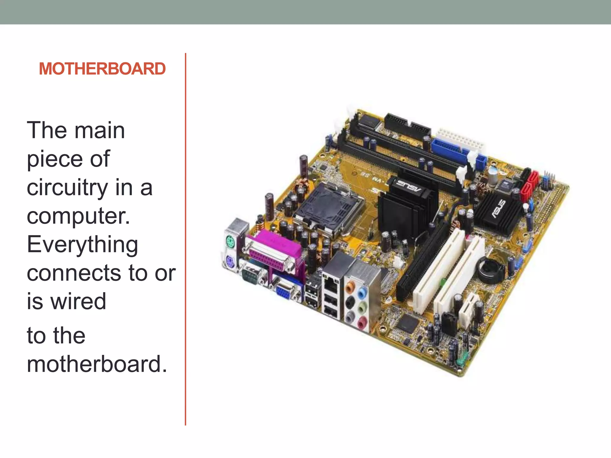 MOTHERBOARD
The main
piece of
circuitry in a
computer.
Everything
connects to or
is wired
to the
motherboard.