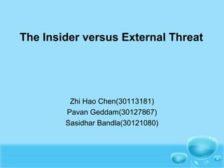 The Insider versus External Threat
Zhi Hao Chen(30113181)
Pavan Geddam(30127867)
Sasidhar Bandla(30121080)
 