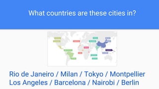 What countries are these cities in?
Rio de Janeiro / Milan / Tokyo / Montpellier
Los Angeles / Barcelona / Nairobi / Berlin
 