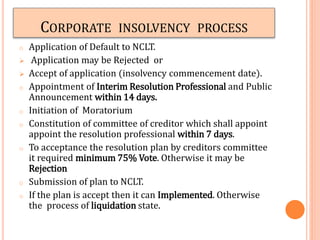 CORPORATE INSOLVENCY PROCESS
o Application of Default to NCLT.
 Application may be Rejected or
 Accept of application (insolvency commencement date).
o Appointment of Interim Resolution Professional and Public
Announcement within 14 days.
o Initiation of Moratorium
o Constitution of committee of creditor which shall appoint
appoint the resolution professional within 7 days.
o To acceptance the resolution plan by creditors committee
it required minimum 75% Vote. Otherwise it may be
Rejection
o Submission of plan to NCLT.
o If the plan is accept then it can Implemented. Otherwise
the process of liquidation state.
 