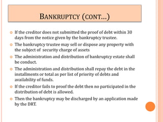 BANKRUPTCY (CONT…)
 If the creditor does not submitted the proof of debt within 30
days from the notice given by the bankruptcy trustee.
 The bankruptcy trustee may sell or dispose any property with
the subject of security charge of assets
 The administration and distribution of bankruptcy estate shall
be conduct.
 The administration and distribution shall repay the debt in the
installments or total as per list of priority of debts and
availability of funds.
 If the creditor fails to proof the debt then no participated in the
distribution of debt is allowed.
 Then the bankruptcy may be discharged by an application made
by the DRT.
 