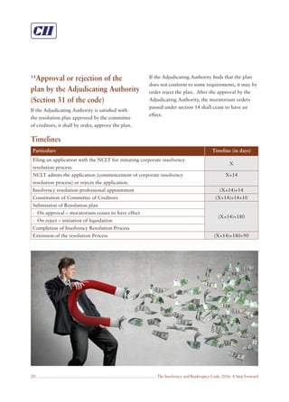 The Insolvency and Bankruptcy Code, 2016: A Step Forward20
14
Approval or rejection of the
plan by the Adjudicating Authority
(Section 31 of the code)
If the Adjudicating Authority is satisﬁed with
the resolution plan approved by the committee
of creditors, it shall by order, approve the plan.
If the Adjudicating Authority ﬁnds that the plan
does not conform to some requirements, it may by
order reject the plan. After the approval by the
Adjudicating Authority, the moratorium orders
passed under section 14 shall cease to have an
effect.
Timelines
Particulars Timeline (in days)
Filing an application with the NCLT for initiating corporate insolvency
resolution process.
X
NCLT admits the application (commencement of corporate insolvency
resolution process) or rejects the application.
X+14
Insolvency resolution professional appointment (X+14)+14
Constitution of Committee of Creditors (X+14)+14+10
Submission of Resolution plan
(X+14)+180
- On approval – moratorium ceases to have effect
- On reject – initiation of liquidation
Completion of Insolvency Resolution Process
Extension of the resolution Process (X+14)+180+90
 