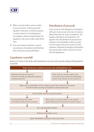 The Insolvency and Bankruptcy Code, 2016: A Step Forward24
When a secured creditor wants to realize
its security interest, it shall intimate the
liquidator of the price at which he proposes
to realize (section 37 of the Regulation).
Accordingly, it shall be decided whether the
liquidator or the secure creditor shall sell the
asset.
If an asset remains unsold due to special
circumstances, the liquidator shall distribute
that unsold asset among stakeholders.
Distribution of proceeds
As per section 41 of the Regulations, the liquidator
shall open a bank account in the name of corporate
debtor, followed by the words ‘in liquidation’. The
liquidator shall deposit all considerations. The
liquidator then shall distribute the proceeds from
realization to the stakeholders within six months
from the receipt of the amount (section 42 of the
regulation). Ultimately, the liquidator shall liquidate
the corporate debtor within a period of two years
(44 of the Regulations).
Liquidation waterfall
Section 53 of the Code deals with distribution of assets sale proceeds along with liquidation
waterfall.
Entire insolvency resolution process cost and liquidation cost
Wages and any unpaid dues owed to employees other than workmen for the period
of twelve months preceding the liquidation commencement date
Financial debts owed to unsecured creditors
Any remaining debts and dues
Preference shareholders, if any
Equity shareholders or partners, as the case may be
Workmen’s dues for the period of
twenty-four months preceding the liquidation
commencement date
Debts owed to a secured creditor in the
event such secured creditor has relinquished
security in the manner set out in section 52
Any amount due to the Central
Government and the State Government
Debts owed to a secured creditor for any amount
unpaid following the enforcement of security interest
 