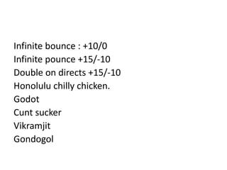 Infinite bounce : +10/0
Infinite pounce +15/-10
Double on directs +15/-10
Honolulu chilly chicken.
Godot
Cunt sucker
Vikramjit
Gondogol
 
