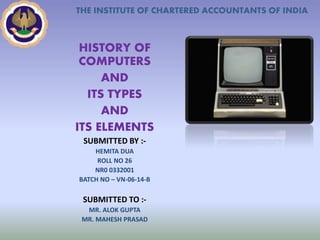 THE INSTITUTE OF CHARTERED ACCOUNTANTS OF INDIA 
HISTORY OF 
COMPUTERS 
AND 
ITS TYPES 
AND 
ITS ELEMENTS 
SUBMITTED BY :- 
HEMITA DUA 
ROLL NO 26 
NR0 0332001 
BATCH NO – VN-06-14-B 
SUBMITTED TO :- 
MR. ALOK GUPTA 
MR. MAHESH PRASAD 
 