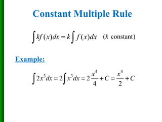 ( ) ( )kf x dx k f x dx=∫ ∫ ( constant)k
4 4
3 3
2 2 2
4 2
x x
x dx x dx C C= = + = +∫ ∫
Constant Multiple Rule
Example:
 