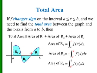 a b
R1
R2
R3
If f changes sign on the interval a ≤ x ≤ b, and we
need to find the total area between the graph and
the x-axis from a to b, then
Total Area
c d
Total Area  Area of R1 + Area of R2 + Area of R3
Area of R1 ( )
a
c
f x dx= ∫
Area of R2 ( )
d
c
f x dx= −∫
Area of R3 ( )
d
b
f x dx= ∫
 