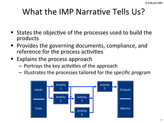 What	
  the	
  IMP	
  Narra<ve	
  Tells	
  Us?	
  
!  States	
  the	
  objec<ve	
  of	
  the	
  processes	
  used	
  to	
 ...