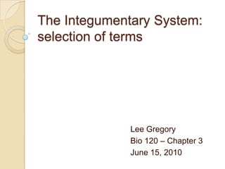 The Integumentary System:selection of terms Lee Gregory Bio 120 – Chapter 3 June 15, 2010 