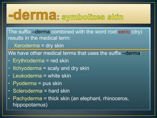 -derma:symbolizes skinThe suffix –dermacombined with the word root xer/o (dry) results in the medical term:Xeroderma= dry skinWe have other medical terms that uses the suffix –derma:Erythroderma = red skinItchyoderma = scaly and dry skinLeukoderma = white skinPyoderma = pus skinScleroderma = hard skin Pachyderma = thick skin (an elephant, rhinoceros,  hippopotamus)