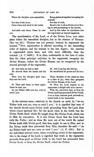 800                      EXPOSITION OF JOHN XX.

  Where the disciples were assembled,     Being gathered together (excepting the
                                        sensual)
  For fear of the Jews,                   For fear of evils,
  Came Jesus and stood in the midst,      Receive the Lord as Divine Love flow-
                                        ing in and penetrating to the inmost,
  And saith unto them, Peace be unto      And by this influx he introduces into
you.                                    the regenerate QJl inmost happiness.
   The manifestation of the Lord, or of the Divine Love, now takes
place before the assembled disciples, but in the absence of Thomas.
(See ver. 24.) Thomas was not present, because he represents the
sensual. • Now, regeneration is effected according to the descending
order of degrees, and the sensual is the last degree; the external
is regenerated much later, and with m~re difficulty, than the
internal. (A. C. 8469.) It is, then, conformable to the laws of order
that the other principal activities in the regenerate recognise the
Divine Human, before the Divine Human can be recognised by the
sensual principle of the regenerate.
   20. And when he had so said,         20. And in givlng this felicity,
   He showed them his hands and his      He manifested his power and his love.
side.
   Then were the disciples glad when    These faculties of the mind are then
they saw the Lord.                    in a state of joy, when they ~ecognise
                                      the Divine Human of the Lord.
   21. Then said Jesus to them again,   21. Then the Lord imparts to the
Peaee be unto you:                    regenerate a delight still more interior;
   As my Father hath sent me, even 80   With the conviction that, as from the
send I you.                           Divine itself has proceeded Divine Truth,
                                      even so from internal good proceeds~­
                                      temal truth in the regenerate.
   In the internal sense, relatively to the church on earth, by "As my
Father hath sent me, even so send I you," it is signified that' men of
the church should teach Divine truth proceeding from the Lord, from
whom comes spiritual life; for the 1Jord, when in the world, was the
Divine Truth itself, which He taught from His Divine Good, which was
in·Him by conception. It is this Divine Good that the Lord here
calls the Father; and as when He went out of the world He united
Divine truth with Divine good, that they might be one in Him, and as
ihe Divine truth then proceeded from Him, therefore He said-CC As
my Father hath sent me, even so send I you. h (A. E. 419.) But in
the individual internal sense, where everything occurs in the regenerate,
who is the image of the Lord, is signified that truth in the regenerate
proceeds from good, as Divine tnlth in the Lord has proceeded from
Diyine Good, or from the Diyine Itself, called the Father.
 
