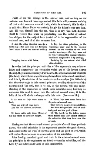EXPOSITION OF JOHN XXI.                             899

   Faith of the will belongs to the interior man, and so long as the
exterior man has not been regenerated, this faith still possesses nothing
of that which concerns natural truth, which is external; this is why it
is said that Simon Peter was naked; he girt his fisher's coat unto him,
and did cast himself into the sea, that is to say, this faith disposes .
itself to receive this truth by penetrating into the midst of natural
knowledges, for the subject here treated of is the regeneration of the
external man, and of all that concerns him.
   8. And the other disciples came in a        8. But the other principles in the
little ship; (for they were not far from    regenerate draw near to the ~xternnl
land, but as it were two hundred cubits,)   sensual, by the doctrine of the most
                                            exterior knowledges (for they were Dot.
                                            far removed from this sensual principle,
                                            but almost conjoined to it by quality),
  Dragging the net with fishes,                Profiting by the natural mind filled
                                            with scientifics.
   In order that the principal activities of the regenerate mayacknow-
ledge and appropriate the scientifics which are of tlie lowest degre'e
(fishes), they must necessarily draw near to the external sensual principle
(the land), where these scientifics maybe rendered evident and examined;
and it is by the doctrine of the most exterior knowledges (the little ship)
that they draw nigh to this sensual principle, availing themselves of the
natural mind (the net), that is to say, of the natural will and under-
standing of the regenerate in which these scientifics are; but they do
not cause this mind. to enter into the external sensual man; it is the
faith of the will which is charged with this task. (See verse 11.)
  9. As soon as they were come to        9. When they have come down into
land,                                  the. external sensual man,
  They saw a fire of coals there, '      They perceive the good which is there, .
  And fish laid ther~on, and bread.       And from this good the truth of spili-
                                       tual good, and the good of love.
   10. Jesus saith unto them, Bring of    10. The Lord, by His infiux, makes
the. fish which ye have now caught.    them reflect that. they should examine
                                       the scientifics that they have now dis-
                                       covered..
   Having reached the external sensual principle after all the~e prelimi:
naries, the chief principles in the regenerate perceive the good therein,
and consequently the truth' of spiritual good and the gooi of love, which
will enable them to make an examination of the scientifics.
   Mter having perceived good and truth in the external sensual man,
the principles in the regenerate are fitted to examine scientifics, and the
Lord by his influx leads them to this examination.
 