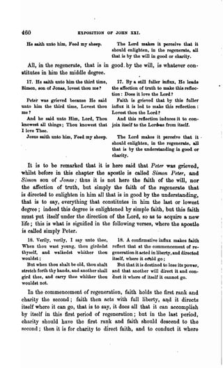 460                        EXPOSITION OF JOHN XXI.

  He saith unto him, Feed my sheep.            The Lord makes it perceive that it,
                                             should enlighten, in the regenerate, all
                                             that is by the will in good or charity.
   All, in the regenerate, that is in good. by the will, is whatever con..
stitutes in him the middle degree.
  17. He saith unto him the third time,
Simon, son of JoDaS, lovest thou me?
                                                17. By a still fnller in1Iux, He leads
                                             the affection of truth to make this reflec-
                                                                                             .
                                                                                             '




                                             tion: Does it love the Lord?
   Peter was grieV'ed because He said           Faith is grieved that by this fuller
unto him the third time, Lovest thou         influx. it is led to make this reflection:
me?                                          Lovest thou the Lord?
   And he said unto Him, Lord, Thou             And this refiection induces it to con·
knowest all things; Thou knowest that        join itself to the Lor<»&s from itself.
I love Thee.
   Jesus saitb unto him, Feed my sheep.        The Lord makes it perceive that it .
                                             should enlighten, in the regenerate, all
                                             that is by the understanding in good. or
                                             charity.

    It is to be remarked that it is here said that Peter was grieved,
'Whilst before in this chapter the apostle is called Simon Peter, and
Si1non son of Jonas,. thus it is not here the faith of the will, nor
 the affection of truth, but simply the faith of the regenerate that
is directed to enlighten in him all.that is in good by the understanding,
that is to say, everything that constitutes in him the last or lowest
degree; indeed this degree is enlightened by simple faith, but this faith
 must put itself under the direction of the Lord, so as to acquire a new
life; this is what is signified in the following verses, where the apostle
 is called simply Peter.
   18. Verily, verily, I say unto thee,         18. A confirmative influx makes faith
When thou wast young, thou girdedst          reflect that at the commencement of re..
thyself, and walkedst whither thou           generation it acted in liberty, and directed
wouldst;                     .               itself, where it cdtlld go;
   But when thou shalt be old, thou shalt       But that it is destined to lose its power,
stretch forth thy hands, and another shall   and that another will direct it and con-
gird thee, and carry thee whither thou       duct it where of itsell it cannot go.
wouldst not.
   In the commencement of regeneration, faith holds. the first rank and
charity the second; faith then acts with full liberty, a~d it directs
itself where it can go, that is to say, it does all that it can accomplish
by itself in this first period of regeneration; but in the la8t period,
charity should have the first rank and faith should descend to the
second; then it is for charity to direct faith, and to conduct it where
 