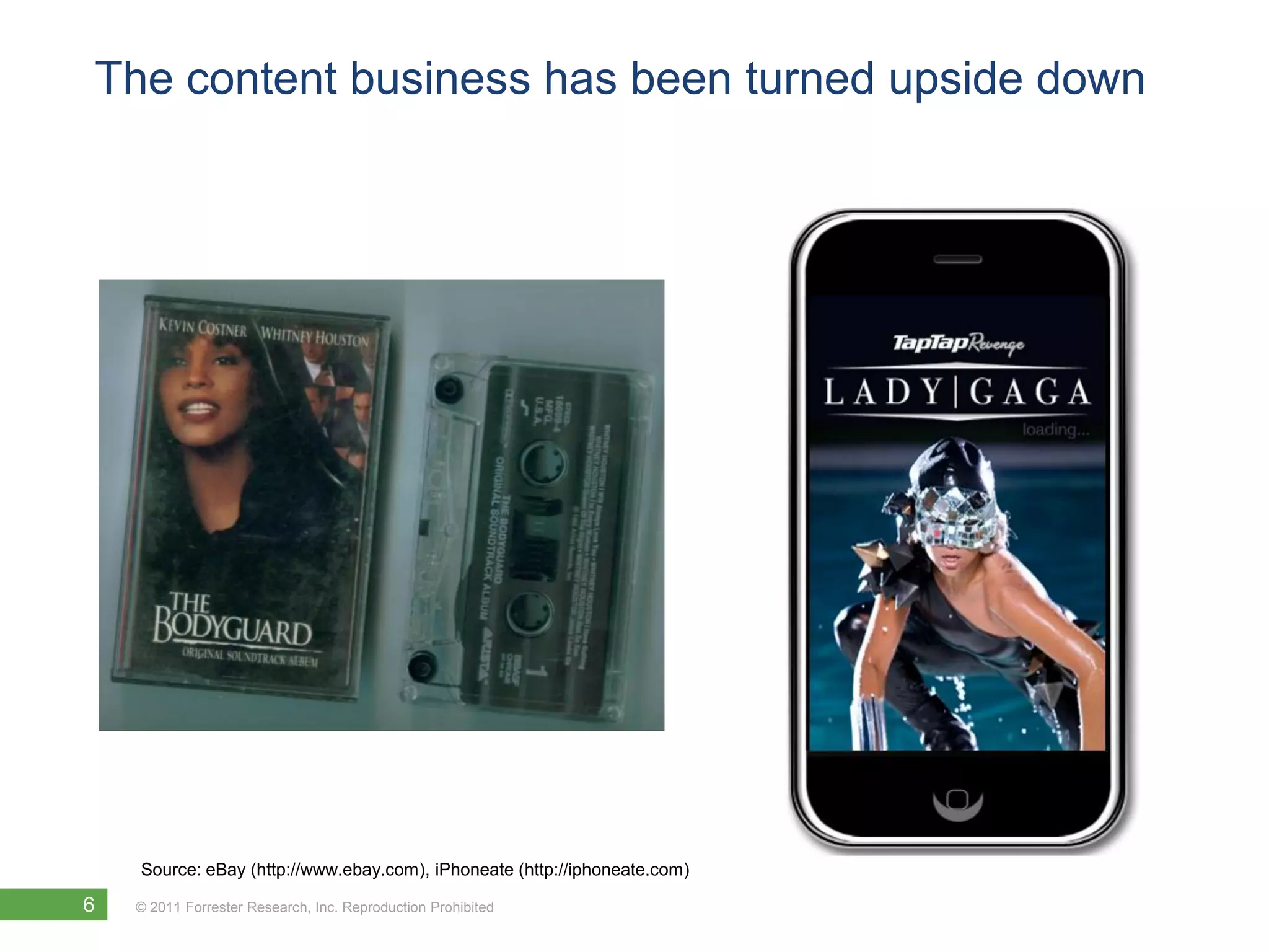 The content business has been turned upside down




    Source: eBay (http://www.ebay.com), iPhoneate (http://iphoneate.com)

6   © 2011 Forrester Research, Inc. Reproduction Prohibited
 