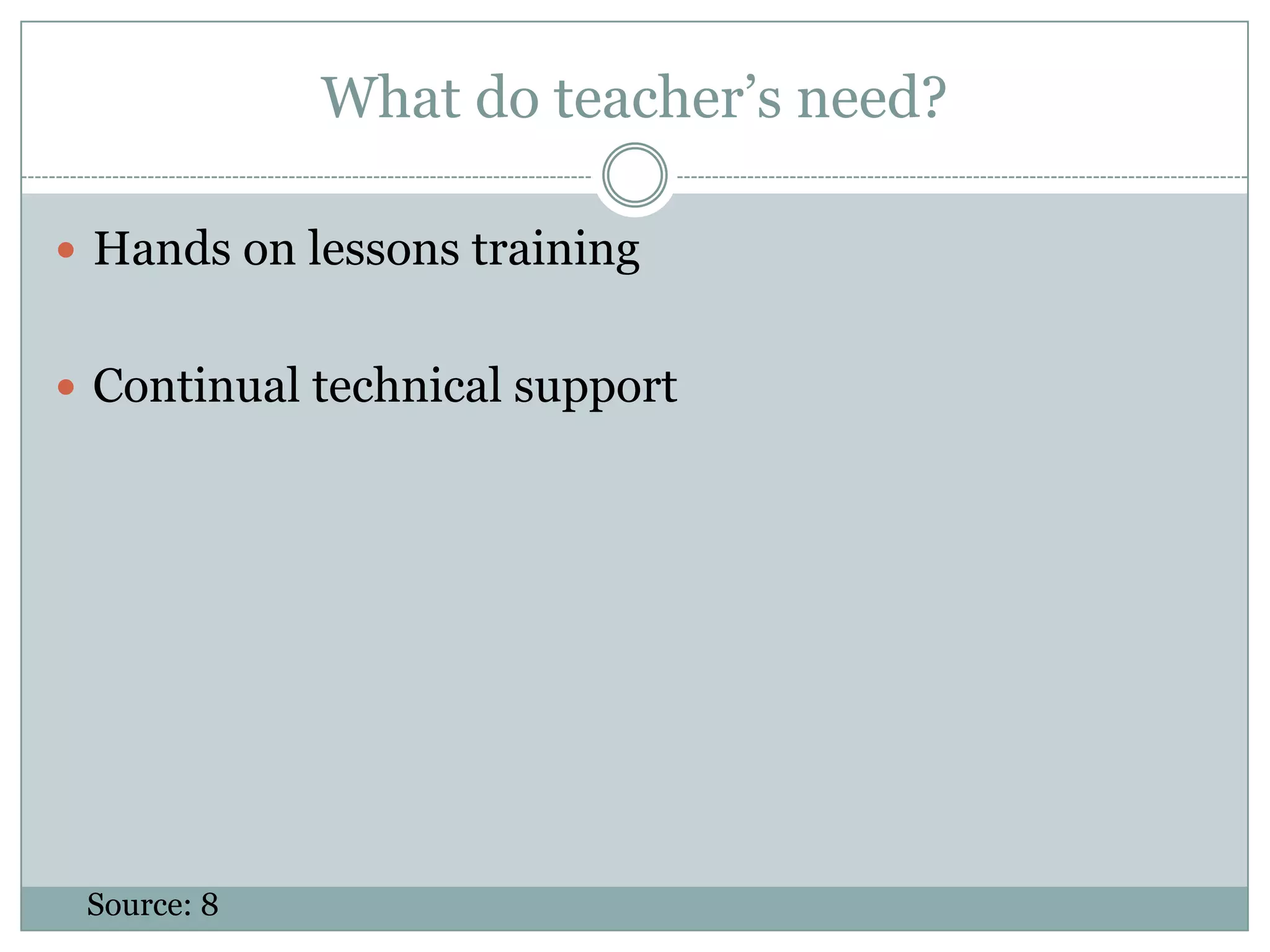 What do teacher’s need?Hands on lessons trainingContinual technical supportSource: 8