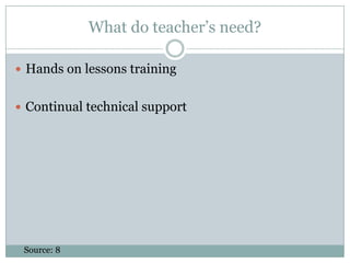 What do teacher’s need?Hands on lessons trainingContinual technical supportSource: 8