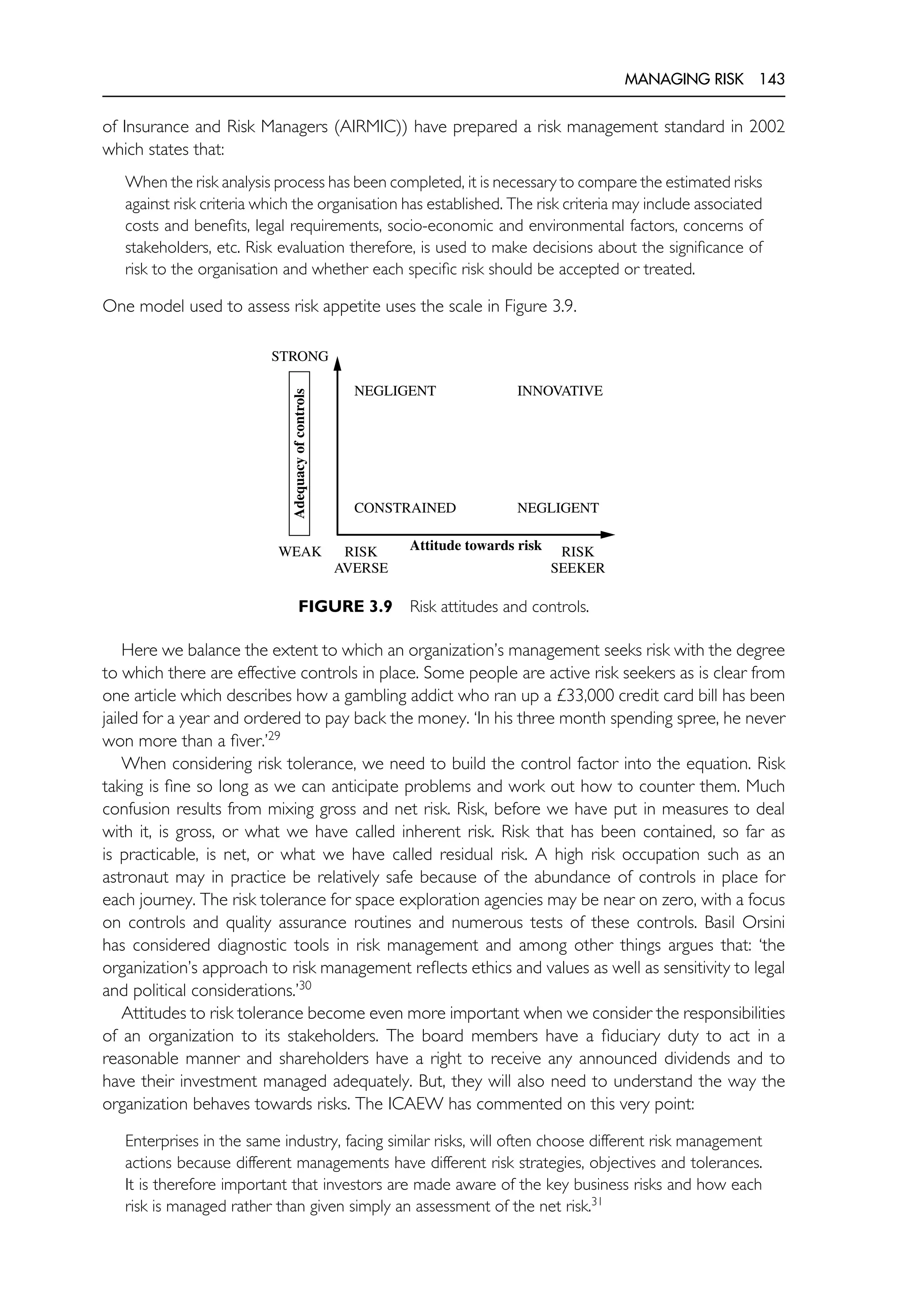 MANAGING RISK 143
of Insurance and Risk Managers (AIRMIC)) have prepared a risk management standard in 2002
which states that:
When the risk analysis process has been completed, it is necessary to compare the estimated risks
against risk criteria which the organisation has established. The risk criteria may include associated
costs and benefits, legal requirements, socio-economic and environmental factors, concerns of
stakeholders, etc. Risk evaluation therefore, is used to make decisions about the significance of
risk to the organisation and whether each specific risk should be accepted or treated.
One model used to assess risk appetite uses the scale in Figure 3.9.
Adequacy
of
controls
Attitude towards risk
WEAK
STRONG
RISK
AVERSE
RISK
SEEKER
NEGLIGENT INNOVATIVE
CONSTRAINED NEGLIGENT
FIGURE 3.9 Risk attitudes and controls.
Here we balance the extent to which an organization’s management seeks risk with the degree
to which there are effective controls in place. Some people are active risk seekers as is clear from
one article which describes how a gambling addict who ran up a £33,000 credit card bill has been
jailed for a year and ordered to pay back the money. ‘In his three month spending spree, he never
won more than a fiver.’29
When considering risk tolerance, we need to build the control factor into the equation. Risk
taking is fine so long as we can anticipate problems and work out how to counter them. Much
confusion results from mixing gross and net risk. Risk, before we have put in measures to deal
with it, is gross, or what we have called inherent risk. Risk that has been contained, so far as
is practicable, is net, or what we have called residual risk. A high risk occupation such as an
astronaut may in practice be relatively safe because of the abundance of controls in place for
each journey. The risk tolerance for space exploration agencies may be near on zero, with a focus
on controls and quality assurance routines and numerous tests of these controls. Basil Orsini
has considered diagnostic tools in risk management and among other things argues that: ‘the
organization’s approach to risk management reflects ethics and values as well as sensitivity to legal
and political considerations.’30
Attitudes to risk tolerance become even more important when we consider the responsibilities
of an organization to its stakeholders. The board members have a fiduciary duty to act in a
reasonable manner and shareholders have a right to receive any announced dividends and to
have their investment managed adequately. But, they will also need to understand the way the
organization behaves towards risks. The ICAEW has commented on this very point:
Enterprises in the same industry, facing similar risks, will often choose different risk management
actions because different managements have different risk strategies, objectives and tolerances.
It is therefore important that investors are made aware of the key business risks and how each
risk is managed rather than given simply an assessment of the net risk.31
 