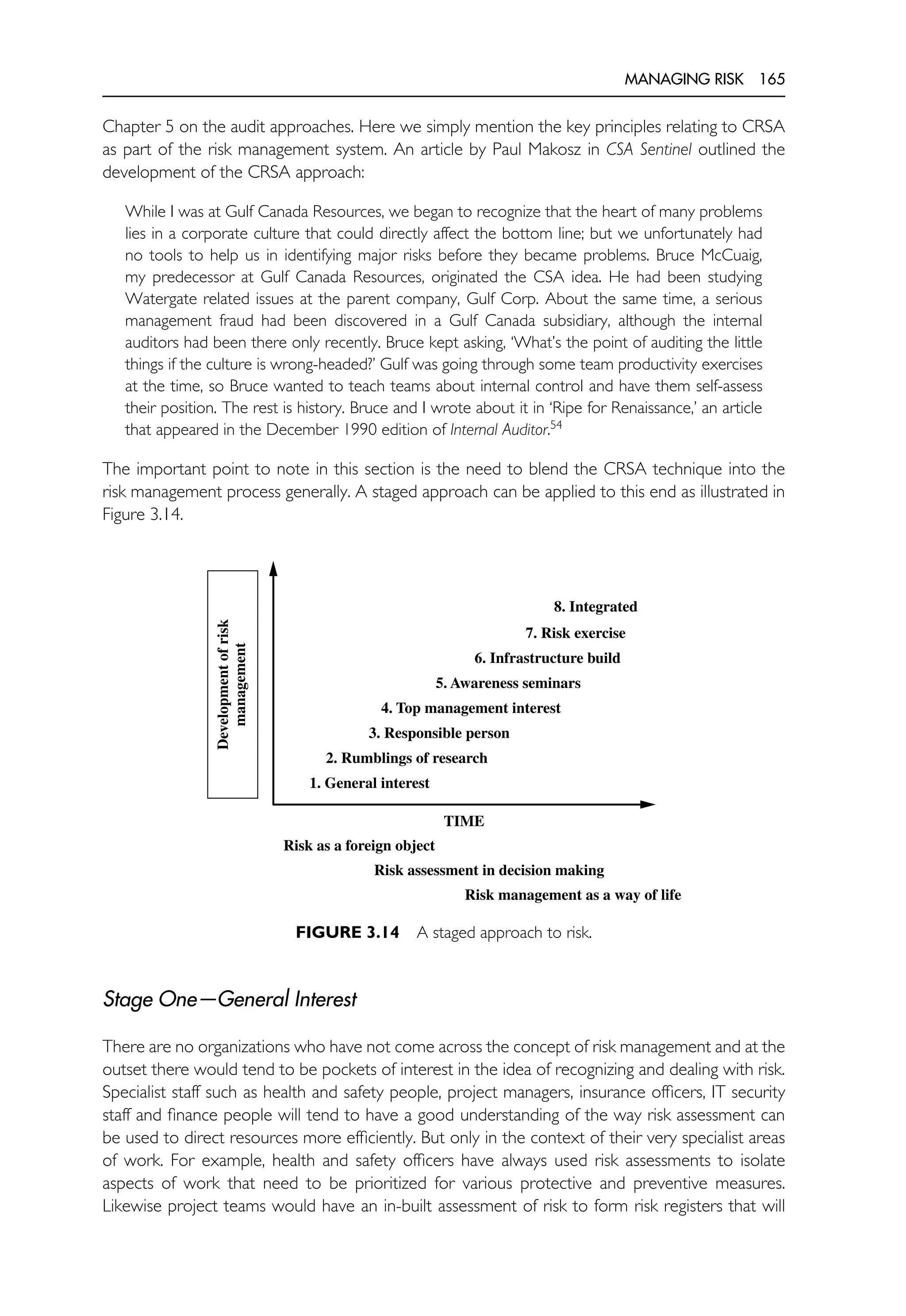 MANAGING RISK 165
Chapter 5 on the audit approaches. Here we simply mention the key principles relating to CRSA
as part of the risk management system. An article by Paul Makosz in CSA Sentinel outlined the
development of the CRSA approach:
While I was at Gulf Canada Resources, we began to recognize that the heart of many problems
lies in a corporate culture that could directly affect the bottom line; but we unfortunately had
no tools to help us in identifying major risks before they became problems. Bruce McCuaig,
my predecessor at Gulf Canada Resources, originated the CSA idea. He had been studying
Watergate related issues at the parent company, Gulf Corp. About the same time, a serious
management fraud had been discovered in a Gulf Canada subsidiary, although the internal
auditors had been there only recently. Bruce kept asking, ‘What’s the point of auditing the little
things if the culture is wrong-headed?’ Gulf was going through some team productivity exercises
at the time, so Bruce wanted to teach teams about internal control and have them self-assess
their position. The rest is history. Bruce and I wrote about it in ‘Ripe for Renaissance,’ an article
that appeared in the December 1990 edition of Internal Auditor.54
The important point to note in this section is the need to blend the CRSA technique into the
risk management process generally. A staged approach can be applied to this end as illustrated in
Figure 3.14.
Development
of
risk
management
TIME
1. General interest
Risk as a foreign object
Risk assessment in decision making
Risk management as a way of life
2. Rumblings of research
3. Responsible person
4. Top management interest
5. Awareness seminars
6. Infrastructure build
7. Risk exercise
8. Integrated
FIGURE 3.14 A staged approach to risk.
Stage One—General Interest
There are no organizations who have not come across the concept of risk management and at the
outset there would tend to be pockets of interest in the idea of recognizing and dealing with risk.
Specialist staff such as health and safety people, project managers, insurance officers, IT security
staff and finance people will tend to have a good understanding of the way risk assessment can
be used to direct resources more efficiently. But only in the context of their very specialist areas
of work. For example, health and safety officers have always used risk assessments to isolate
aspects of work that need to be prioritized for various protective and preventive measures.
Likewise project teams would have an in-built assessment of risk to form risk registers that will
 
