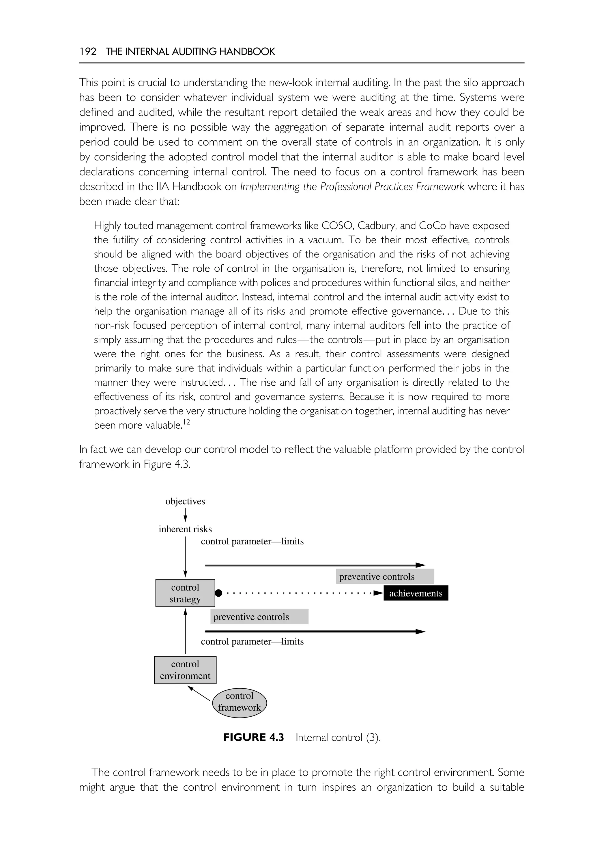 192 THE INTERNAL AUDITING HANDBOOK
This point is crucial to understanding the new-look internal auditing. In the past the silo approach
has been to consider whatever individual system we were auditing at the time. Systems were
defined and audited, while the resultant report detailed the weak areas and how they could be
improved. There is no possible way the aggregation of separate internal audit reports over a
period could be used to comment on the overall state of controls in an organization. It is only
by considering the adopted control model that the internal auditor is able to make board level
declarations concerning internal control. The need to focus on a control framework has been
described in the IIA Handbook on Implementing the Professional Practices Framework where it has
been made clear that:
Highly touted management control frameworks like COSO, Cadbury, and CoCo have exposed
the futility of considering control activities in a vacuum. To be their most effective, controls
should be aligned with the board objectives of the organisation and the risks of not achieving
those objectives. The role of control in the organisation is, therefore, not limited to ensuring
financial integrity and compliance with polices and procedures within functional silos, and neither
is the role of the internal auditor. Instead, internal control and the internal audit activity exist to
help the organisation manage all of its risks and promote effective governance. . . Due to this
non-risk focused perception of internal control, many internal auditors fell into the practice of
simply assuming that the procedures and rules—the controls—put in place by an organisation
were the right ones for the business. As a result, their control assessments were designed
primarily to make sure that individuals within a particular function performed their jobs in the
manner they were instructed. . . The rise and fall of any organisation is directly related to the
effectiveness of its risk, control and governance systems. Because it is now required to more
proactively serve the very structure holding the organisation together, internal auditing has never
been more valuable.12
In fact we can develop our control model to reflect the valuable platform provided by the control
framework in Figure 4.3.
control
environment
control
framework
control parameter—limits
control parameterlimits
preventive controls
preventive controls
objectives
inherent risks
control
strategy
achievements
FIGURE 4.3 Internal control (3).
The control framework needs to be in place to promote the right control environment. Some
might argue that the control environment in turn inspires an organization to build a suitable
 
