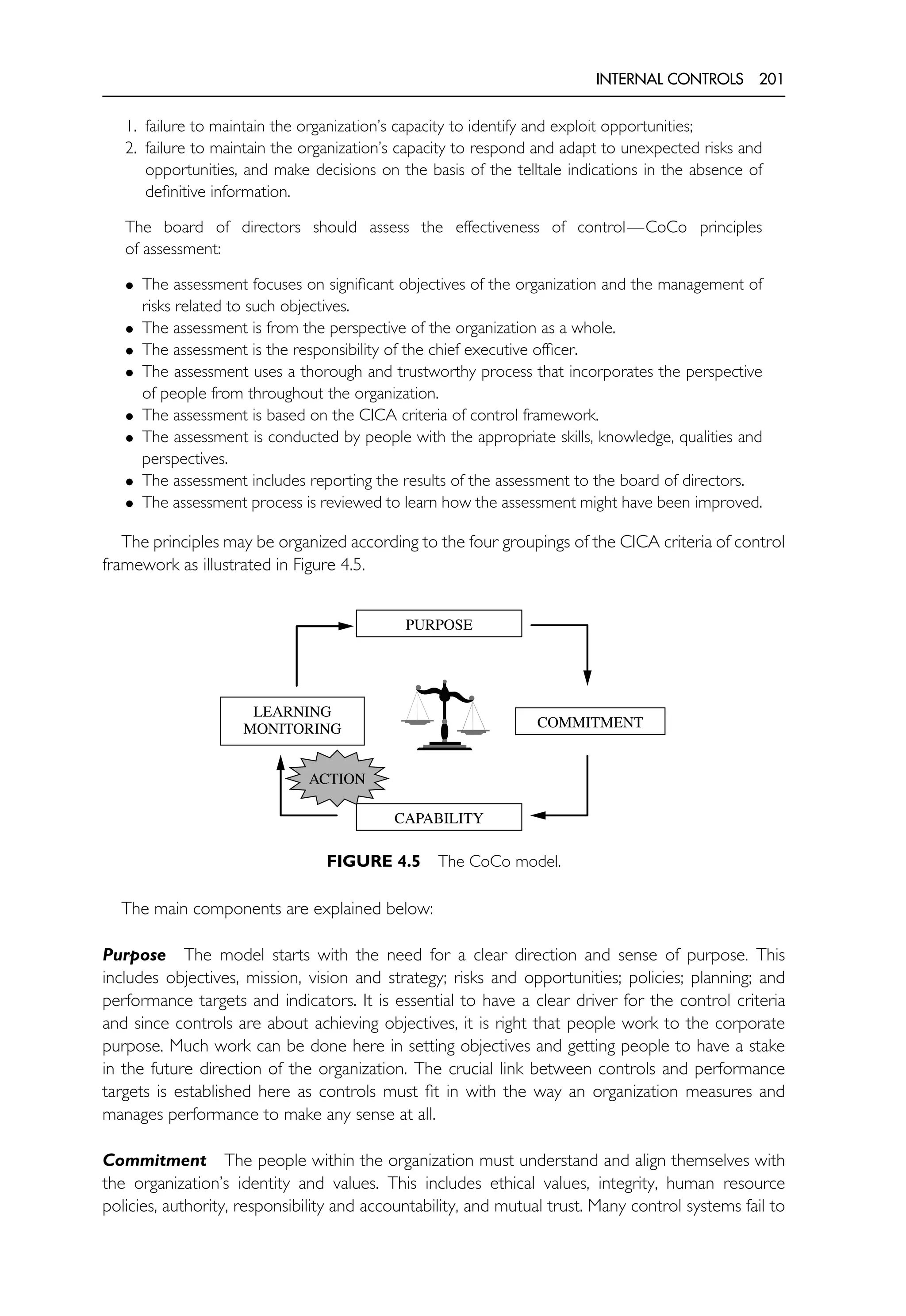 INTERNAL CONTROLS 201
1. failure to maintain the organization’s capacity to identify and exploit opportunities;
2. failure to maintain the organization’s capacity to respond and adapt to unexpected risks and
opportunities, and make decisions on the basis of the telltale indications in the absence of
definitive information.
The board of directors should assess the effectiveness of control—CoCo principles
of assessment:
• The assessment focuses on significant objectives of the organization and the management of
risks related to such objectives.
• The assessment is from the perspective of the organization as a whole.
• The assessment is the responsibility of the chief executive officer.
• The assessment uses a thorough and trustworthy process that incorporates the perspective
of people from throughout the organization.
• The assessment is based on the CICA criteria of control framework.
• The assessment is conducted by people with the appropriate skills, knowledge, qualities and
perspectives.
• The assessment includes reporting the results of the assessment to the board of directors.
• The assessment process is reviewed to learn how the assessment might have been improved.
The principles may be organized according to the four groupings of the CICA criteria of control
framework as illustrated in Figure 4.5.
PURPOSE
CAPABILITY
COMMITMENT
LEARNING
MONITORING
ACTION
FIGURE 4.5 The CoCo model.
The main components are explained below:
Purpose The model starts with the need for a clear direction and sense of purpose. This
includes objectives, mission, vision and strategy; risks and opportunities; policies; planning; and
performance targets and indicators. It is essential to have a clear driver for the control criteria
and since controls are about achieving objectives, it is right that people work to the corporate
purpose. Much work can be done here in setting objectives and getting people to have a stake
in the future direction of the organization. The crucial link between controls and performance
targets is established here as controls must fit in with the way an organization measures and
manages performance to make any sense at all.
Commitment The people within the organization must understand and align themselves with
the organization’s identity and values. This includes ethical values, integrity, human resource
policies, authority, responsibility and accountability, and mutual trust. Many control systems fail to
 