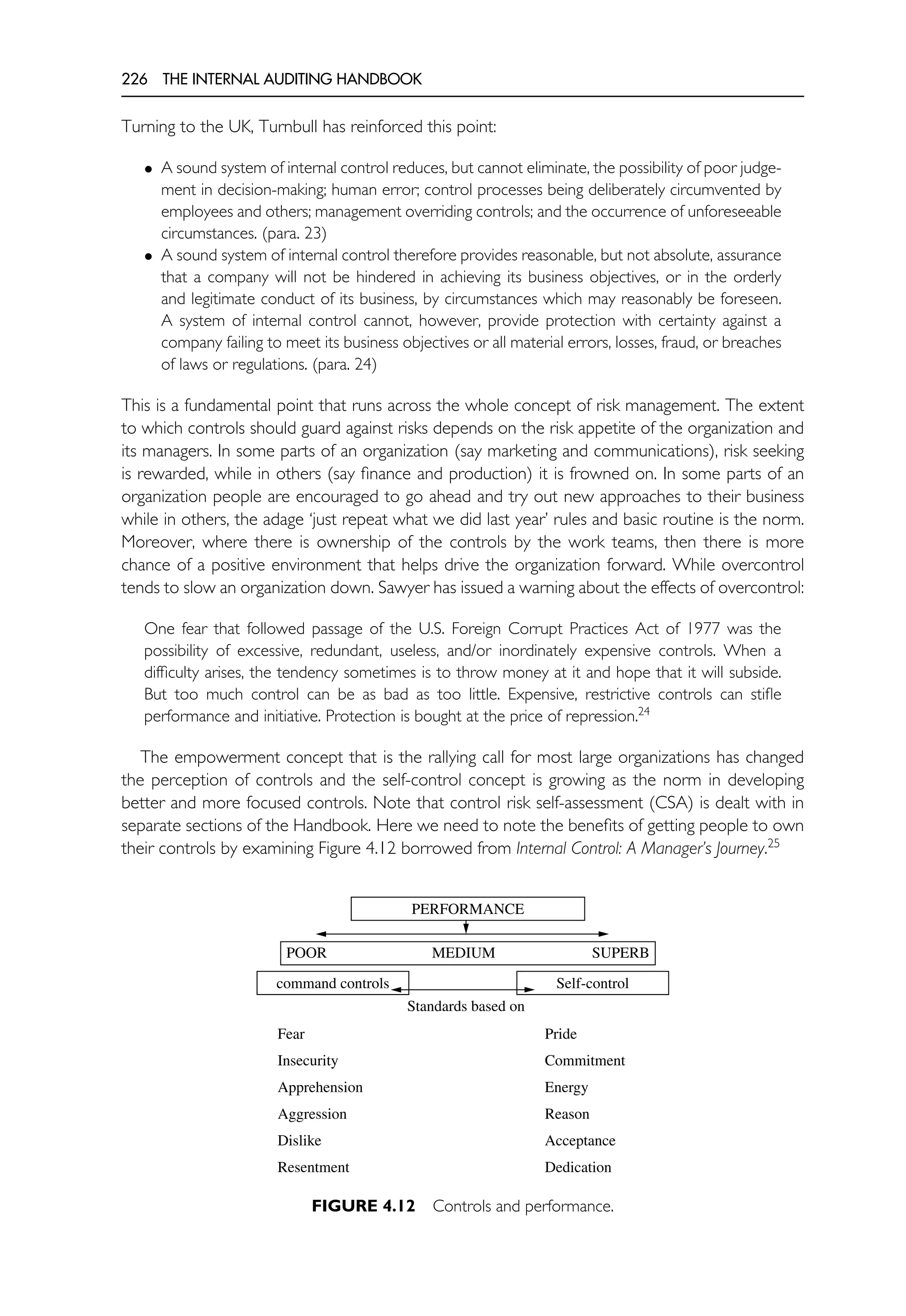 226 THE INTERNAL AUDITING HANDBOOK
Turning to the UK, Turnbull has reinforced this point:
• A sound system of internal control reduces, but cannot eliminate, the possibility of poor judge-
ment in decision-making; human error; control processes being deliberately circumvented by
employees and others; management overriding controls; and the occurrence of unforeseeable
circumstances. (para. 23)
• A sound system of internal control therefore provides reasonable, but not absolute, assurance
that a company will not be hindered in achieving its business objectives, or in the orderly
and legitimate conduct of its business, by circumstances which may reasonably be foreseen.
A system of internal control cannot, however, provide protection with certainty against a
company failing to meet its business objectives or all material errors, losses, fraud, or breaches
of laws or regulations. (para. 24)
This is a fundamental point that runs across the whole concept of risk management. The extent
to which controls should guard against risks depends on the risk appetite of the organization and
its managers. In some parts of an organization (say marketing and communications), risk seeking
is rewarded, while in others (say finance and production) it is frowned on. In some parts of an
organization people are encouraged to go ahead and try out new approaches to their business
while in others, the adage ‘just repeat what we did last year’ rules and basic routine is the norm.
Moreover, where there is ownership of the controls by the work teams, then there is more
chance of a positive environment that helps drive the organization forward. While overcontrol
tends to slow an organization down. Sawyer has issued a warning about the effects of overcontrol:
One fear that followed passage of the U.S. Foreign Corrupt Practices Act of 1977 was the
possibility of excessive, redundant, useless, and/or inordinately expensive controls. When a
difficulty arises, the tendency sometimes is to throw money at it and hope that it will subside.
But too much control can be as bad as too little. Expensive, restrictive controls can stifle
performance and initiative. Protection is bought at the price of repression.24
The empowerment concept that is the rallying call for most large organizations has changed
the perception of controls and the self-control concept is growing as the norm in developing
better and more focused controls. Note that control risk self-assessment (CSA) is dealt with in
separate sections of the Handbook. Here we need to note the benefits of getting people to own
their controls by examining Figure 4.12 borrowed from Internal Control: A Manager’s Journey.25
PERFORMANCE
Standards based on
POOR MEDIUM SUPERB
command controls
Fear Pride
Insecurity Commitment
Apprehension Energy
Aggression Reason
Dislike Acceptance
Resentment Dedication
Self-control
FIGURE 4.12 Controls and performance.
 