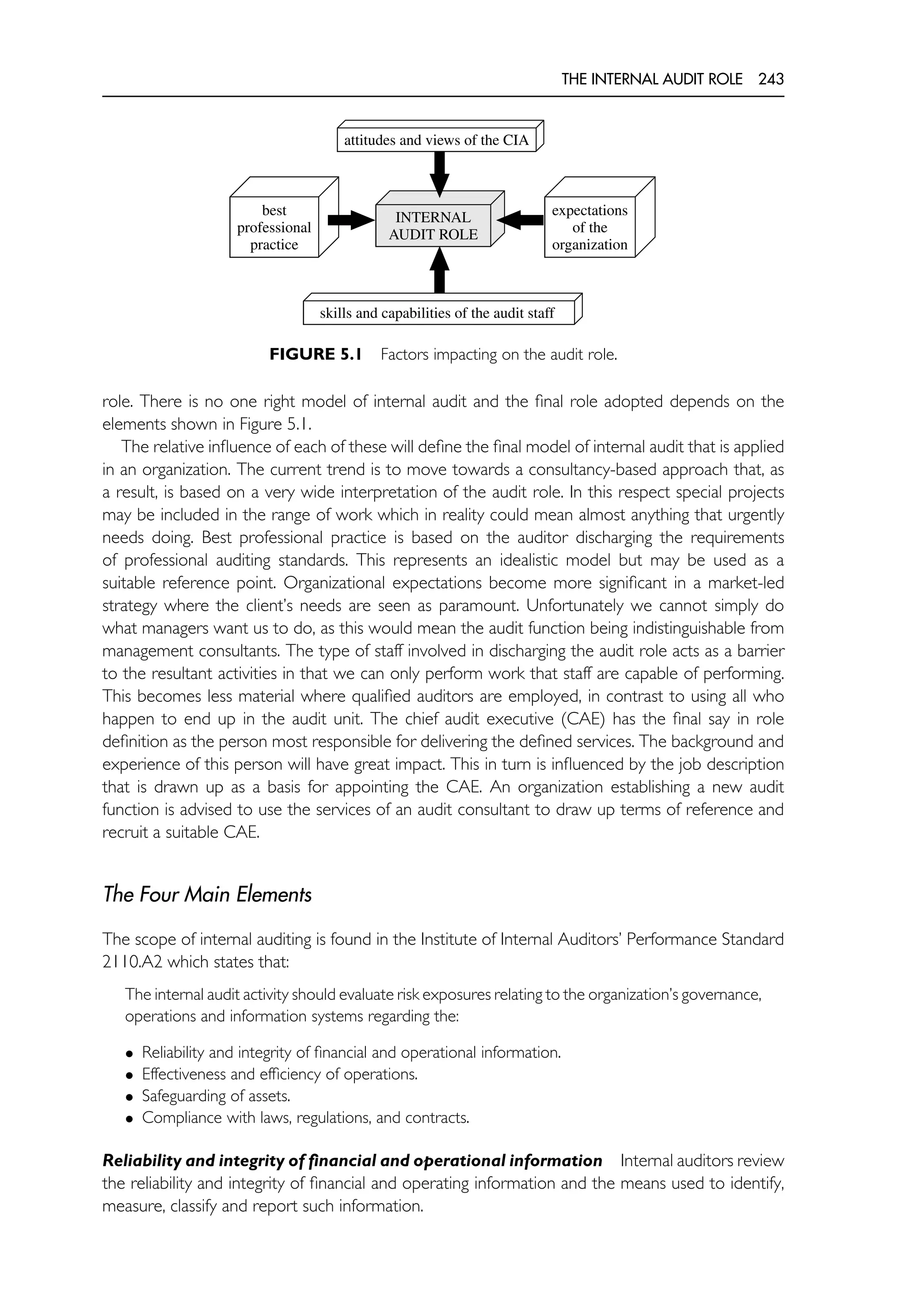 THE INTERNAL AUDIT ROLE 243
INTERNAL
AUDIT ROLE
attitudes and views of the CIA
best
professional
practice
skills and capabilities of the audit staff
expectations
of the
organization
FIGURE 5.1 Factors impacting on the audit role.
role. There is no one right model of internal audit and the final role adopted depends on the
elements shown in Figure 5.1.
The relative influence of each of these will define the final model of internal audit that is applied
in an organization. The current trend is to move towards a consultancy-based approach that, as
a result, is based on a very wide interpretation of the audit role. In this respect special projects
may be included in the range of work which in reality could mean almost anything that urgently
needs doing. Best professional practice is based on the auditor discharging the requirements
of professional auditing standards. This represents an idealistic model but may be used as a
suitable reference point. Organizational expectations become more significant in a market-led
strategy where the client’s needs are seen as paramount. Unfortunately we cannot simply do
what managers want us to do, as this would mean the audit function being indistinguishable from
management consultants. The type of staff involved in discharging the audit role acts as a barrier
to the resultant activities in that we can only perform work that staff are capable of performing.
This becomes less material where qualified auditors are employed, in contrast to using all who
happen to end up in the audit unit. The chief audit executive (CAE) has the final say in role
definition as the person most responsible for delivering the defined services. The background and
experience of this person will have great impact. This in turn is influenced by the job description
that is drawn up as a basis for appointing the CAE. An organization establishing a new audit
function is advised to use the services of an audit consultant to draw up terms of reference and
recruit a suitable CAE.
The Four Main Elements
The scope of internal auditing is found in the Institute of Internal Auditors’ Performance Standard
2110.A2 which states that:
The internal audit activity should evaluate risk exposures relating to the organization’s governance,
operations and information systems regarding the:
• Reliability and integrity of financial and operational information.
• Effectiveness and efficiency of operations.
• Safeguarding of assets.
• Compliance with laws, regulations, and contracts.
Reliability and integrity of financial and operational information Internal auditors review
the reliability and integrity of financial and operating information and the means used to identify,
measure, classify and report such information.
 