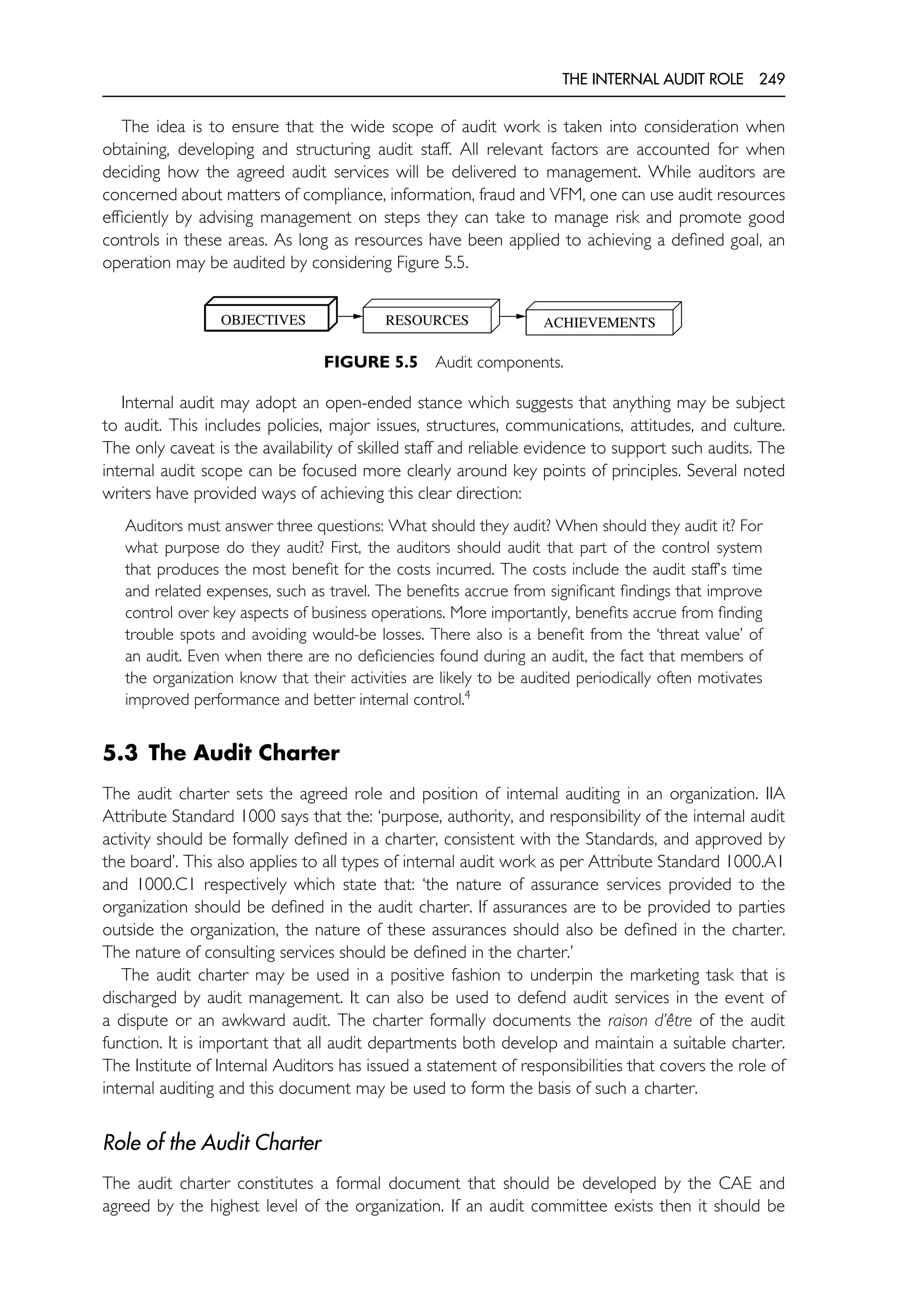 THE INTERNAL AUDIT ROLE 249
The idea is to ensure that the wide scope of audit work is taken into consideration when
obtaining, developing and structuring audit staff. All relevant factors are accounted for when
deciding how the agreed audit services will be delivered to management. While auditors are
concerned about matters of compliance, information, fraud and VFM, one can use audit resources
efficiently by advising management on steps they can take to manage risk and promote good
controls in these areas. As long as resources have been applied to achieving a defined goal, an
operation may be audited by considering Figure 5.5.
OBJECTIVES ACHIEVEMENTS
RESOURCES
FIGURE 5.5 Audit components.
Internal audit may adopt an open-ended stance which suggests that anything may be subject
to audit. This includes policies, major issues, structures, communications, attitudes, and culture.
The only caveat is the availability of skilled staff and reliable evidence to support such audits. The
internal audit scope can be focused more clearly around key points of principles. Several noted
writers have provided ways of achieving this clear direction:
Auditors must answer three questions: What should they audit? When should they audit it? For
what purpose do they audit? First, the auditors should audit that part of the control system
that produces the most benefit for the costs incurred. The costs include the audit staff’s time
and related expenses, such as travel. The benefits accrue from significant findings that improve
control over key aspects of business operations. More importantly, benefits accrue from finding
trouble spots and avoiding would-be losses. There also is a benefit from the ‘threat value’ of
an audit. Even when there are no deficiencies found during an audit, the fact that members of
the organization know that their activities are likely to be audited periodically often motivates
improved performance and better internal control.4
5.3 The Audit Charter
The audit charter sets the agreed role and position of internal auditing in an organization. IIA
Attribute Standard 1000 says that the: ‘purpose, authority, and responsibility of the internal audit
activity should be formally defined in a charter, consistent with the Standards, and approved by
the board’. This also applies to all types of internal audit work as per Attribute Standard 1000.A1
and 1000.C1 respectively which state that: ‘the nature of assurance services provided to the
organization should be defined in the audit charter. If assurances are to be provided to parties
outside the organization, the nature of these assurances should also be defined in the charter.
The nature of consulting services should be defined in the charter.’
The audit charter may be used in a positive fashion to underpin the marketing task that is
discharged by audit management. It can also be used to defend audit services in the event of
a dispute or an awkward audit. The charter formally documents the raison d’être of the audit
function. It is important that all audit departments both develop and maintain a suitable charter.
The Institute of Internal Auditors has issued a statement of responsibilities that covers the role of
internal auditing and this document may be used to form the basis of such a charter.
Role of the Audit Charter
The audit charter constitutes a formal document that should be developed by the CAE and
agreed by the highest level of the organization. If an audit committee exists then it should be
 