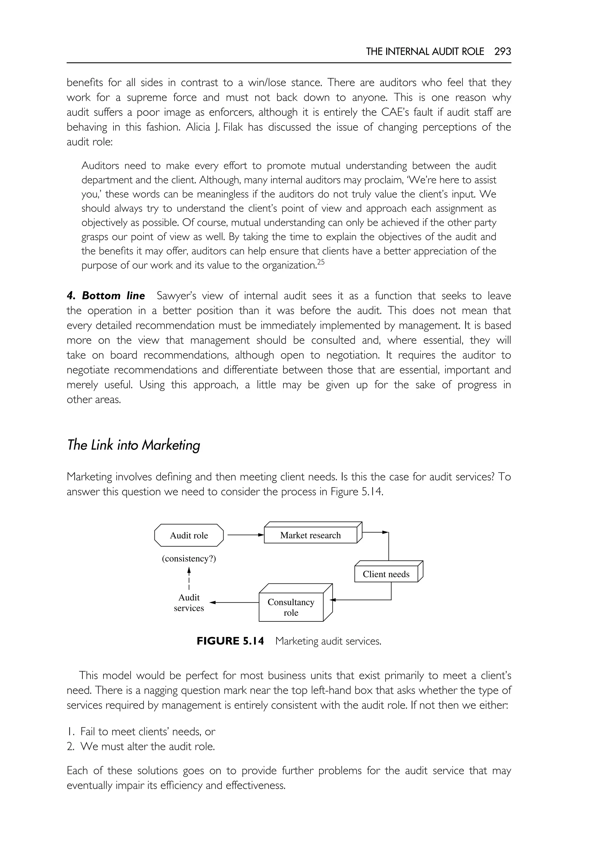 THE INTERNAL AUDIT ROLE 293
benefits for all sides in contrast to a win/lose stance. There are auditors who feel that they
work for a supreme force and must not back down to anyone. This is one reason why
audit suffers a poor image as enforcers, although it is entirely the CAE’s fault if audit staff are
behaving in this fashion. Alicia J. Filak has discussed the issue of changing perceptions of the
audit role:
Auditors need to make every effort to promote mutual understanding between the audit
department and the client. Although, many internal auditors may proclaim, ‘We’re here to assist
you,’ these words can be meaningless if the auditors do not truly value the client’s input. We
should always try to understand the client’s point of view and approach each assignment as
objectively as possible. Of course, mutual understanding can only be achieved if the other party
grasps our point of view as well. By taking the time to explain the objectives of the audit and
the benefits it may offer, auditors can help ensure that clients have a better appreciation of the
purpose of our work and its value to the organization.25
4. Bottom line Sawyer’s view of internal audit sees it as a function that seeks to leave
the operation in a better position than it was before the audit. This does not mean that
every detailed recommendation must be immediately implemented by management. It is based
more on the view that management should be consulted and, where essential, they will
take on board recommendations, although open to negotiation. It requires the auditor to
negotiate recommendations and differentiate between those that are essential, important and
merely useful. Using this approach, a little may be given up for the sake of progress in
other areas.
The Link into Marketing
Marketing involves defining and then meeting client needs. Is this the case for audit services? To
answer this question we need to consider the process in Figure 5.14.
Market research
Audit role
Client needs
(consistency?)
Consultancy
role
Audit
services
FIGURE 5.14 Marketing audit services.
This model would be perfect for most business units that exist primarily to meet a client’s
need. There is a nagging question mark near the top left-hand box that asks whether the type of
services required by management is entirely consistent with the audit role. If not then we either:
1. Fail to meet clients’ needs, or
2. We must alter the audit role.
Each of these solutions goes on to provide further problems for the audit service that may
eventually impair its efficiency and effectiveness.
 