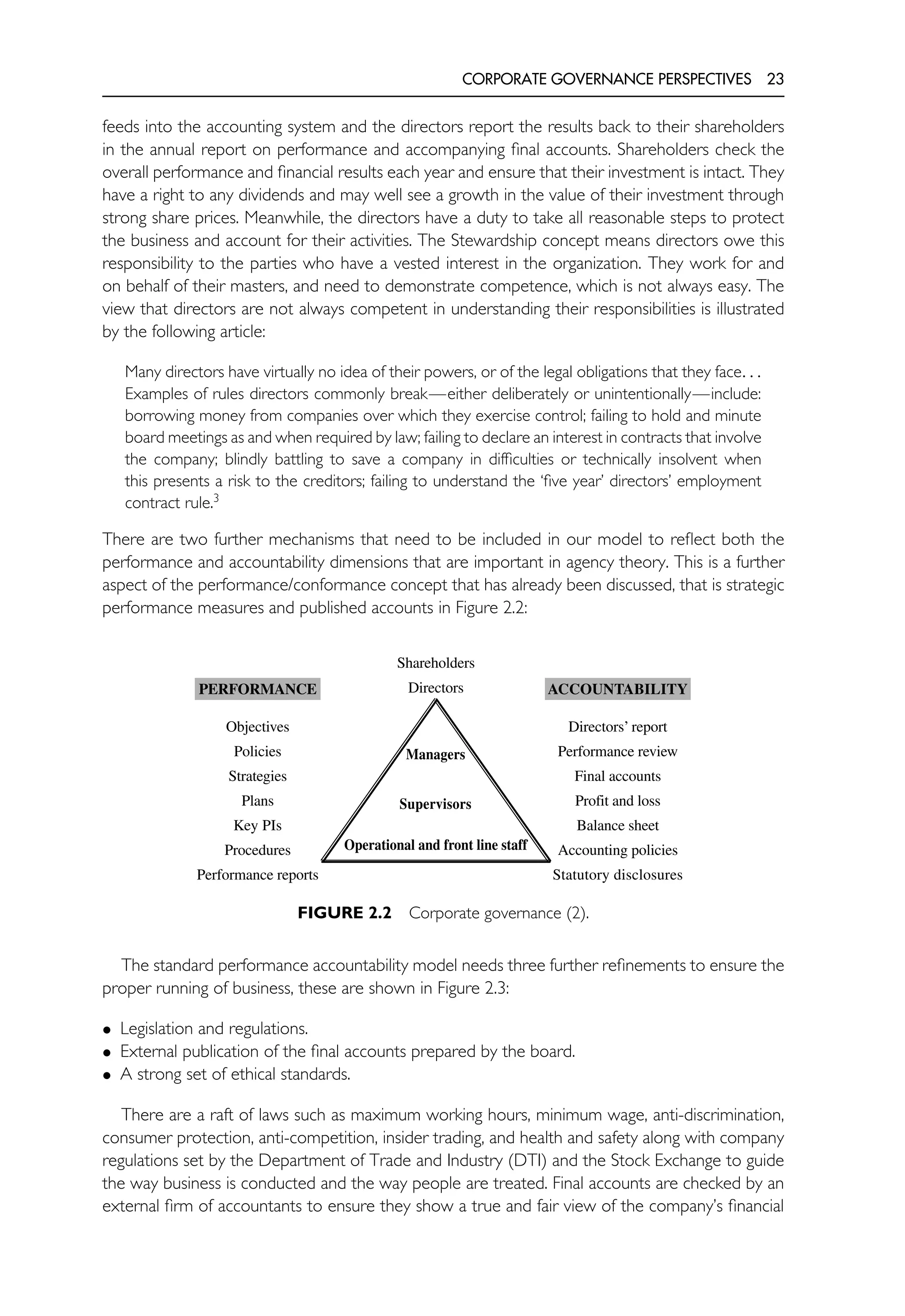 CORPORATE GOVERNANCE PERSPECTIVES 23
feeds into the accounting system and the directors report the results back to their shareholders
in the annual report on performance and accompanying final accounts. Shareholders check the
overall performance and financial results each year and ensure that their investment is intact. They
have a right to any dividends and may well see a growth in the value of their investment through
strong share prices. Meanwhile, the directors have a duty to take all reasonable steps to protect
the business and account for their activities. The Stewardship concept means directors owe this
responsibility to the parties who have a vested interest in the organization. They work for and
on behalf of their masters, and need to demonstrate competence, which is not always easy. The
view that directors are not always competent in understanding their responsibilities is illustrated
by the following article:
Many directors have virtually no idea of their powers, or of the legal obligations that they face. . .
Examples of rules directors commonly break—either deliberately or unintentionally—include:
borrowing money from companies over which they exercise control; failing to hold and minute
board meetings as and when required by law; failing to declare an interest in contracts that involve
the company; blindly battling to save a company in difficulties or technically insolvent when
this presents a risk to the creditors; failing to understand the ‘five year’ directors’ employment
contract rule.3
There are two further mechanisms that need to be included in our model to reflect both the
performance and accountability dimensions that are important in agency theory. This is a further
aspect of the performance/conformance concept that has already been discussed, that is strategic
performance measures and published accounts in Figure 2.2:
Managers
Supervisors
Directors
Shareholders
PERFORMANCE ACCOUNTABILITY
Objectives
Policies
Strategies
Plans
Key PIs
Procedures
Performance reports
Directors’ report
Performance review
Final accounts
Profit and loss
Balance sheet
Accounting policies
Statutory disclosures
Operational and front line staff
FIGURE 2.2 Corporate governance (2).
The standard performance accountability model needs three further refinements to ensure the
proper running of business, these are shown in Figure 2.3:
• Legislation and regulations.
• External publication of the final accounts prepared by the board.
• A strong set of ethical standards.
There are a raft of laws such as maximum working hours, minimum wage, anti-discrimination,
consumer protection, anti-competition, insider trading, and health and safety along with company
regulations set by the Department of Trade and Industry (DTI) and the Stock Exchange to guide
the way business is conducted and the way people are treated. Final accounts are checked by an
external firm of accountants to ensure they show a true and fair view of the company’s financial
 