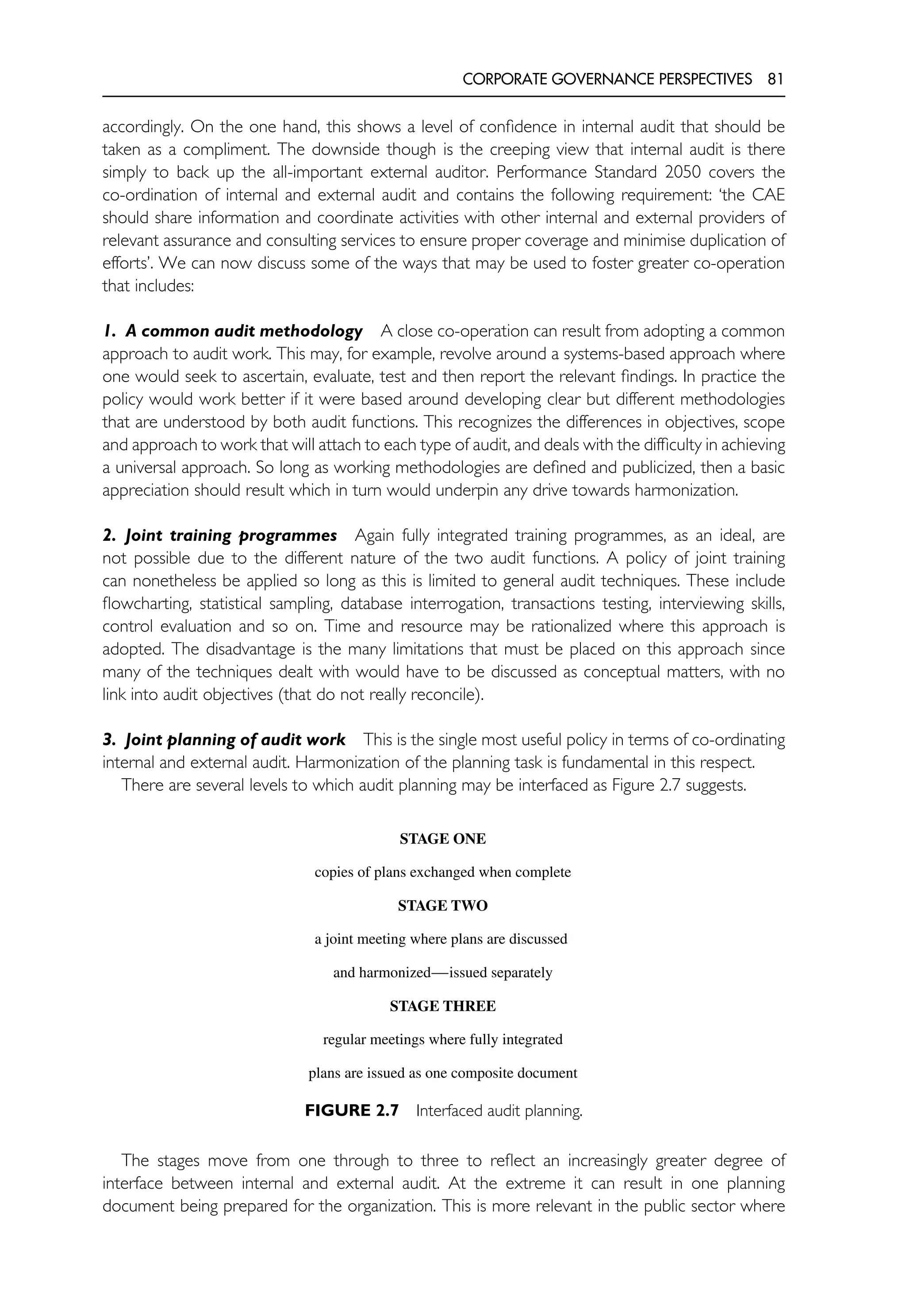 CORPORATE GOVERNANCE PERSPECTIVES 81
accordingly. On the one hand, this shows a level of confidence in internal audit that should be
taken as a compliment. The downside though is the creeping view that internal audit is there
simply to back up the all-important external auditor. Performance Standard 2050 covers the
co-ordination of internal and external audit and contains the following requirement: ‘the CAE
should share information and coordinate activities with other internal and external providers of
relevant assurance and consulting services to ensure proper coverage and minimise duplication of
efforts’. We can now discuss some of the ways that may be used to foster greater co-operation
that includes:
1. A common audit methodology A close co-operation can result from adopting a common
approach to audit work. This may, for example, revolve around a systems-based approach where
one would seek to ascertain, evaluate, test and then report the relevant findings. In practice the
policy would work better if it were based around developing clear but different methodologies
that are understood by both audit functions. This recognizes the differences in objectives, scope
and approach to work that will attach to each type of audit, and deals with the difficulty in achieving
a universal approach. So long as working methodologies are defined and publicized, then a basic
appreciation should result which in turn would underpin any drive towards harmonization.
2. Joint training programmes Again fully integrated training programmes, as an ideal, are
not possible due to the different nature of the two audit functions. A policy of joint training
can nonetheless be applied so long as this is limited to general audit techniques. These include
flowcharting, statistical sampling, database interrogation, transactions testing, interviewing skills,
control evaluation and so on. Time and resource may be rationalized where this approach is
adopted. The disadvantage is the many limitations that must be placed on this approach since
many of the techniques dealt with would have to be discussed as conceptual matters, with no
link into audit objectives (that do not really reconcile).
3. Joint planning of audit work This is the single most useful policy in terms of co-ordinating
internal and external audit. Harmonization of the planning task is fundamental in this respect.
There are several levels to which audit planning may be interfaced as Figure 2.7 suggests.
STAGE ONE
copies of plans exchanged when complete
STAGE TWO
a joint meeting where plans are discussed
and harmonizedissued separately
STAGE THREE
regular meetings where fully integrated
plans are issued as one composite document
FIGURE 2.7 Interfaced audit planning.
The stages move from one through to three to reflect an increasingly greater degree of
interface between internal and external audit. At the extreme it can result in one planning
document being prepared for the organization. This is more relevant in the public sector where
 