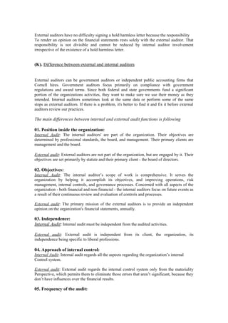 External auditors have no difficulty signing a hold harmless letter because the responsibility
To render an opinion on the financial statements rests solely with the external auditor. That
responsibility is not divisible and cannot be reduced by internal auditor involvement
irrespective of the existence of a hold harmless letter.
(K). Difference between external and internal auditors
External auditors can be government auditors or independent public accounting firms that
Cornell hires. Government auditors focus primarily on compliance with government
regulations and award terms. Since both federal and state governments fund a significant
portion of the organizations activities, they want to make sure we use their money as they
intended. Internal auditors sometimes look at the same data or perform some of the same
steps as external auditors. If there is a problem, it's better to find it and fix it before external
auditors review our practices.
The main differences between internal and external audit functions is following
01. Position inside the organization:
Internal Audit: The internal auditors' are part of the organization. Their objectives are
determined by professional standards, the board, and management. Their primary clients are
management and the board.
External audit: External auditors are not part of the organization, but are engaged by it. Their
objectives are set primarily by statute and their primary client - the board of directors.
02. Objectives:
Internal Audit: The internal auditor’s scope of work is comprehensive. It serves the
organization by helping it accomplish its objectives, and improving operations, risk
management, internal controls, and governance processes. Concerned with all aspects of the
organization - both financial and non-financial - the internal auditors focus on future events as
a result of their continuous review and evaluation of controls and processes.
External audit: The primary mission of the external auditors is to provide an independent
opinion on the organization's financial statements, annually.
03. Independence:
Internal Audit: Internal audit must be independent from the audited activities.
External audit: External audit is independent from its client, the organization, its
independence being specific to liberal professions.
04. Approach of internal control:
Internal Audit: Internal audit regards all the aspects regarding the organization’s internal
Control system.
External audit: External audit regards the internal control system only from the materiality
Perspective, which permits them to eliminate those errors that aren’t significant, because they
don’t have influences over the financial results.
05. Frequency of the audit:
 