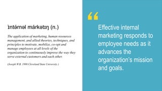 Effective internal
marketing responds to
employee needs as it
advances the
organization’s mission
and goals.
“The applicat...