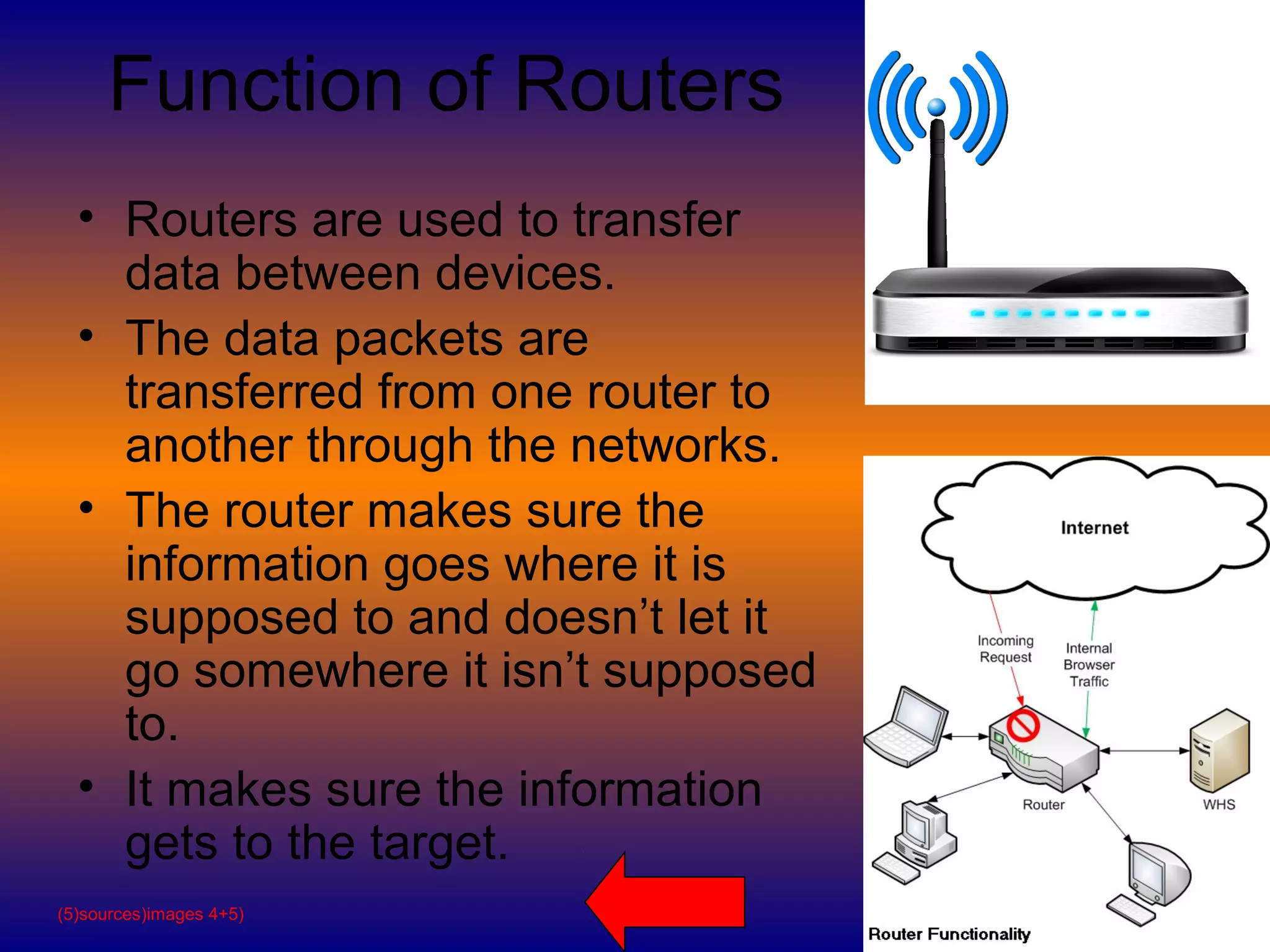 Function of Routers 
• Routers are used to transfer 
data between devices. 
• The data packets are 
transferred from one router to 
another through the networks. 
• The router makes sure the 
information goes where it is 
supposed to and doesn’t let it 
go somewhere it isn’t supposed 
to. 
• It makes sure the information 
gets to the target. 
(5)sources)images 4+5) 
 